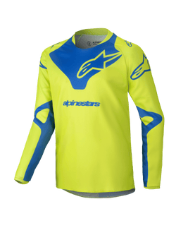 Alpinestars 2025 Youth Racer Veil Jersey, Motocross Jersey, Yellow Fluo and Blue, long-sleeve technical top, blue Alpinestars logo on chest and shoulders, lightweight moisture-wicking fabric for off-road racing