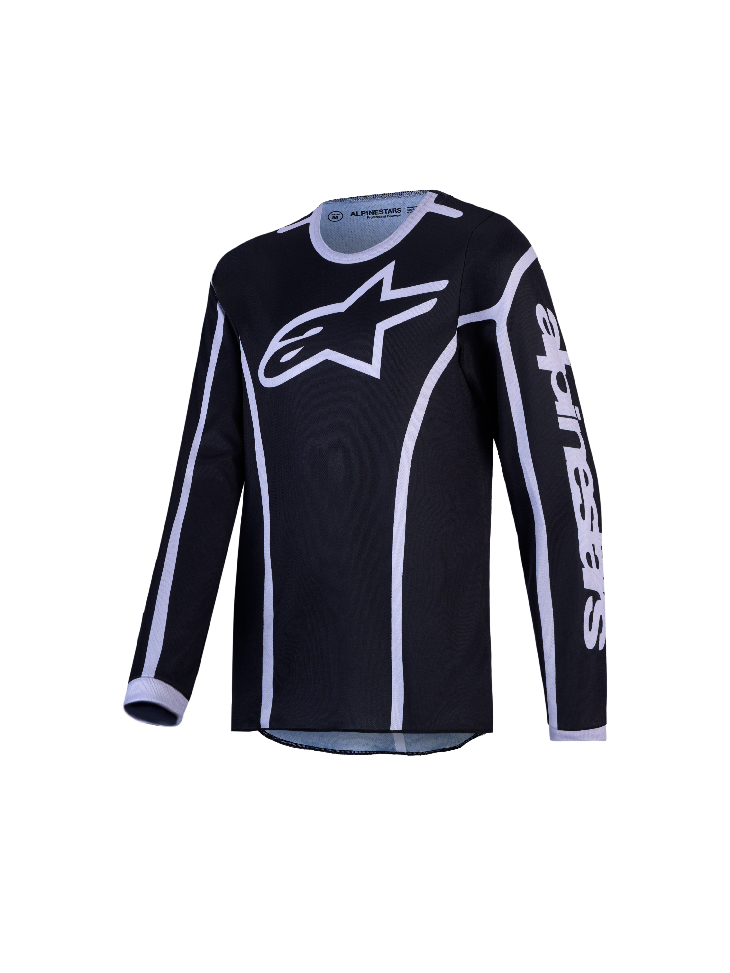 Alpinestars Fluid Apex V2 Jugend-Trikot AND Jugendliche Fluid Apex V2 Gear Set, Motocross-Trikot, Schwarz und Silber, feuchtigkeitsableitendes Polygewebe.