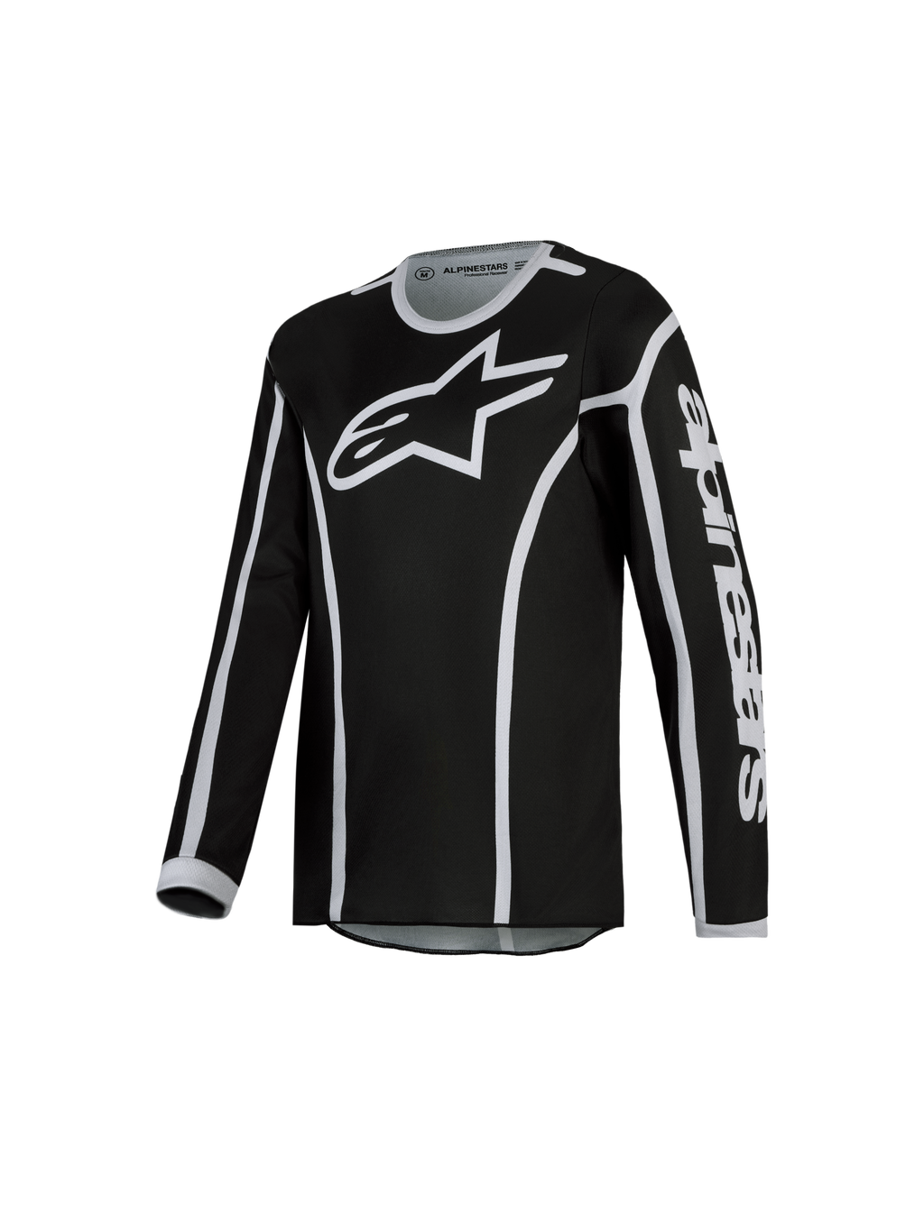 Alpinestars Fluid Apex V2 Jugend-Trikot, Motocross-Trikot in Schwarz und Silber aus feuchtigkeitsableitendem Polygewebe.