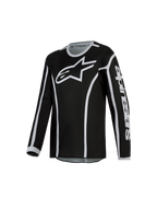 Alpinestars Fluid Apex V2 Jugend-Trikot, Motocross-Trikot in Schwarz und Silber aus feuchtigkeitsableitendem Polygewebe.