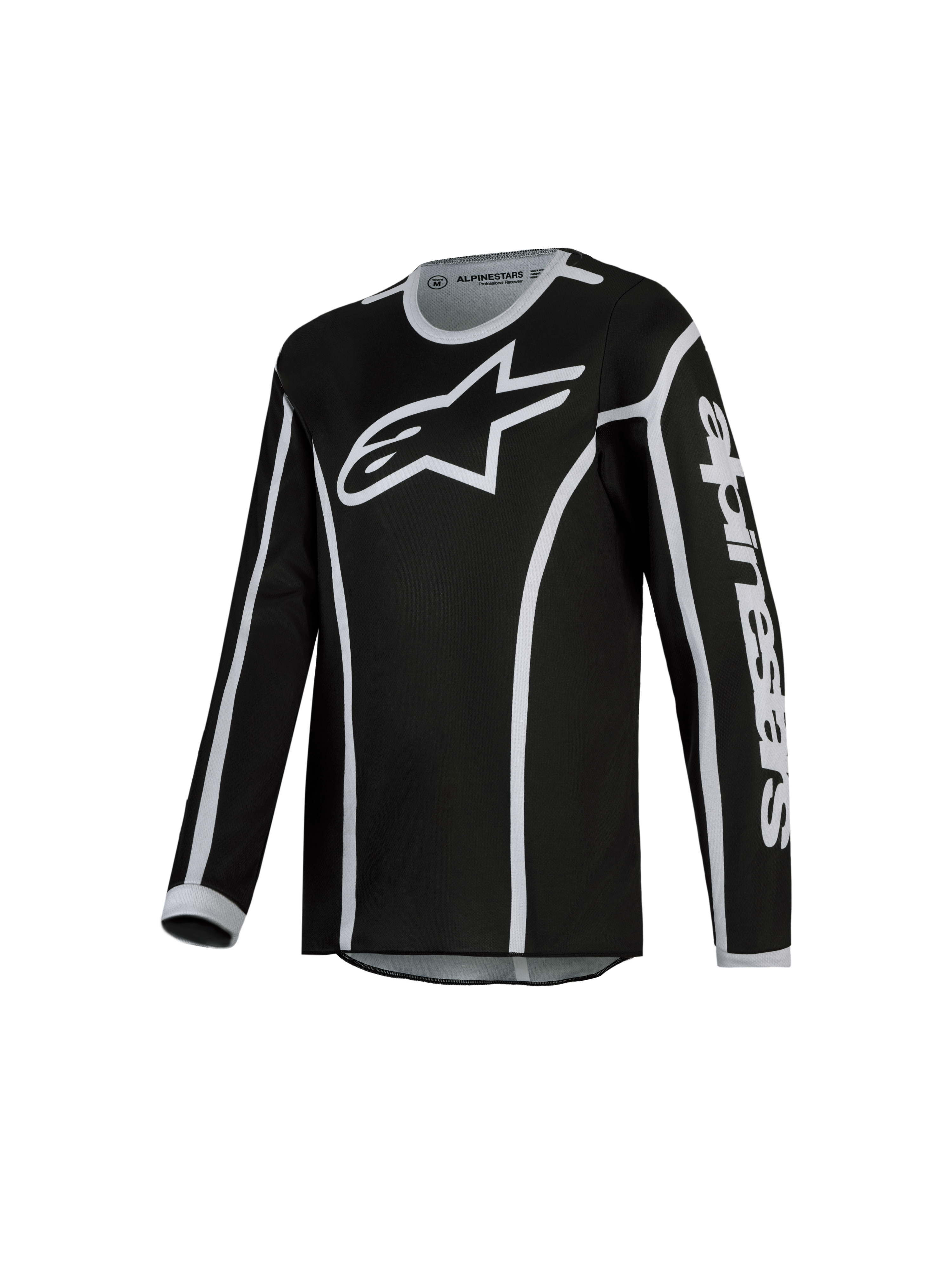 Alpinestars Fluid Apex V2 Jugend-Trikot, Motocross-Trikot in Schwarz und Silber aus feuchtigkeitsableitendem Polygewebe.