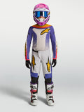 Alpinestars Fluid Jugend-Trikot Drag 2027 und Gear Set, Jugend-Motocross-Outfit, Lila und Weiß mit goldenen Akzenten.
