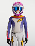 Alpinestars Fluid Jugend-Trikot Drag 2027, Motocross-Trikot in Blau und Weiß mit Gold, am Model für den Offroad-Einsatz.