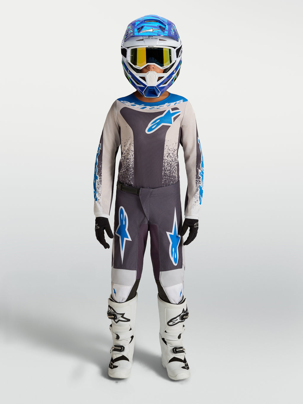 Alpinestars Fluid Jugend Drag Gear Set 2027, Motocross-Outfit für Kinder, Grau und UCLA-Blau, Offroad-Rennsport-Performance.