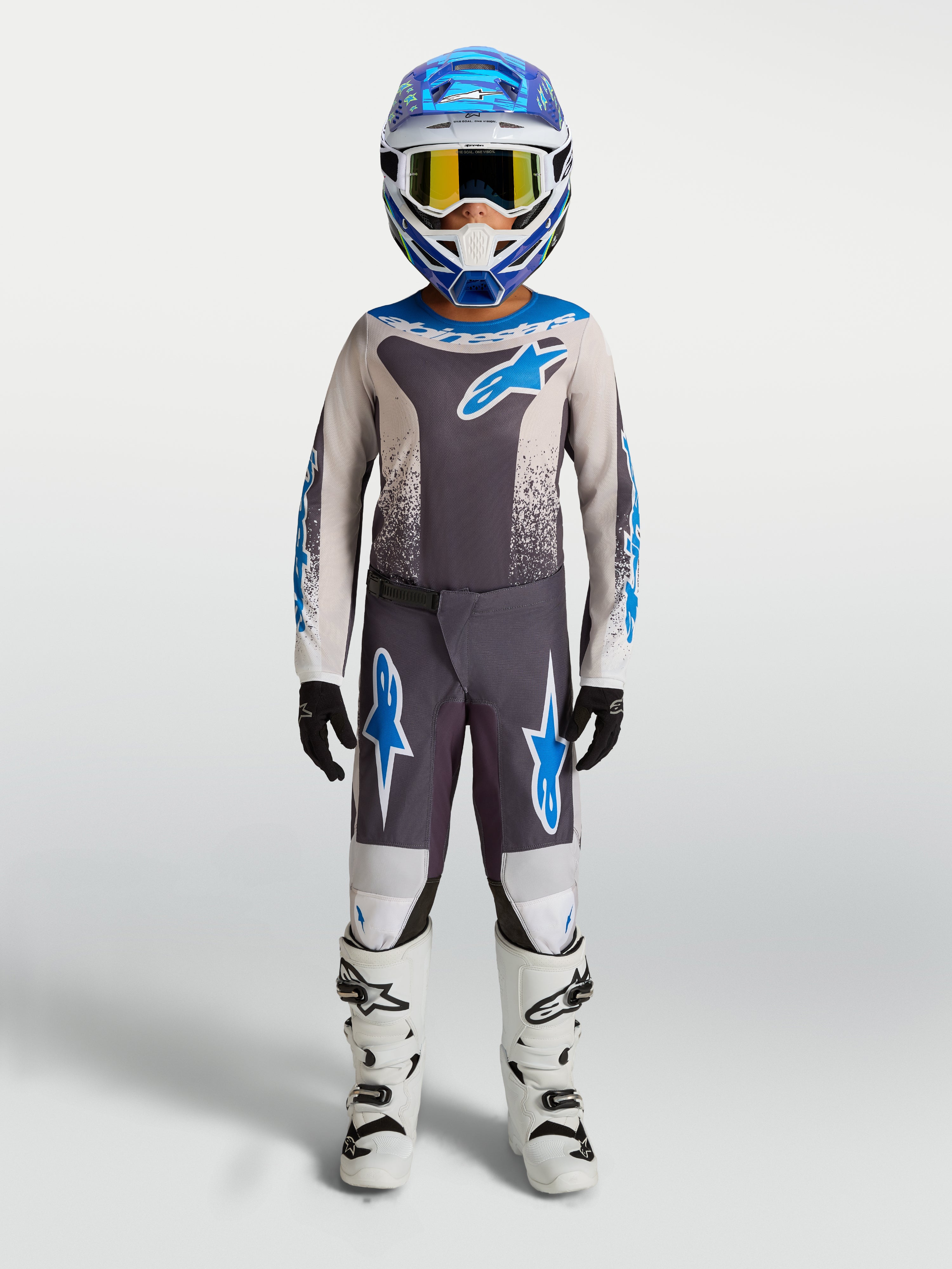 Alpinestars Fluid Jugend Drag Gear Set 2027, Motocross-Outfit für Kinder, Grau und UCLA-Blau, Offroad-Rennsport-Performance.