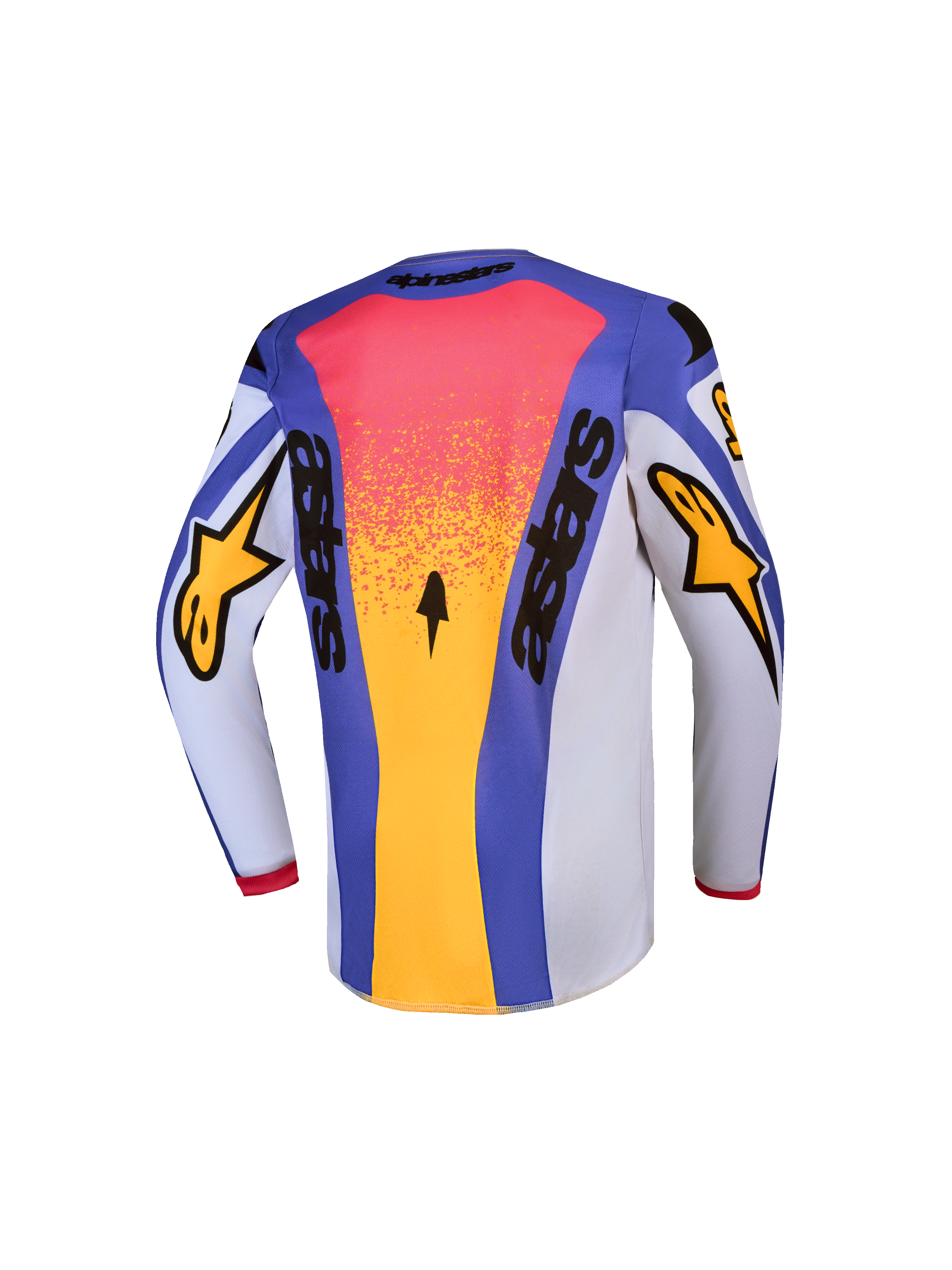 Alpinestars Youth Fluid Drag Jersey, blue and gold motocross jersey back view, moisture-wicking textile construction.