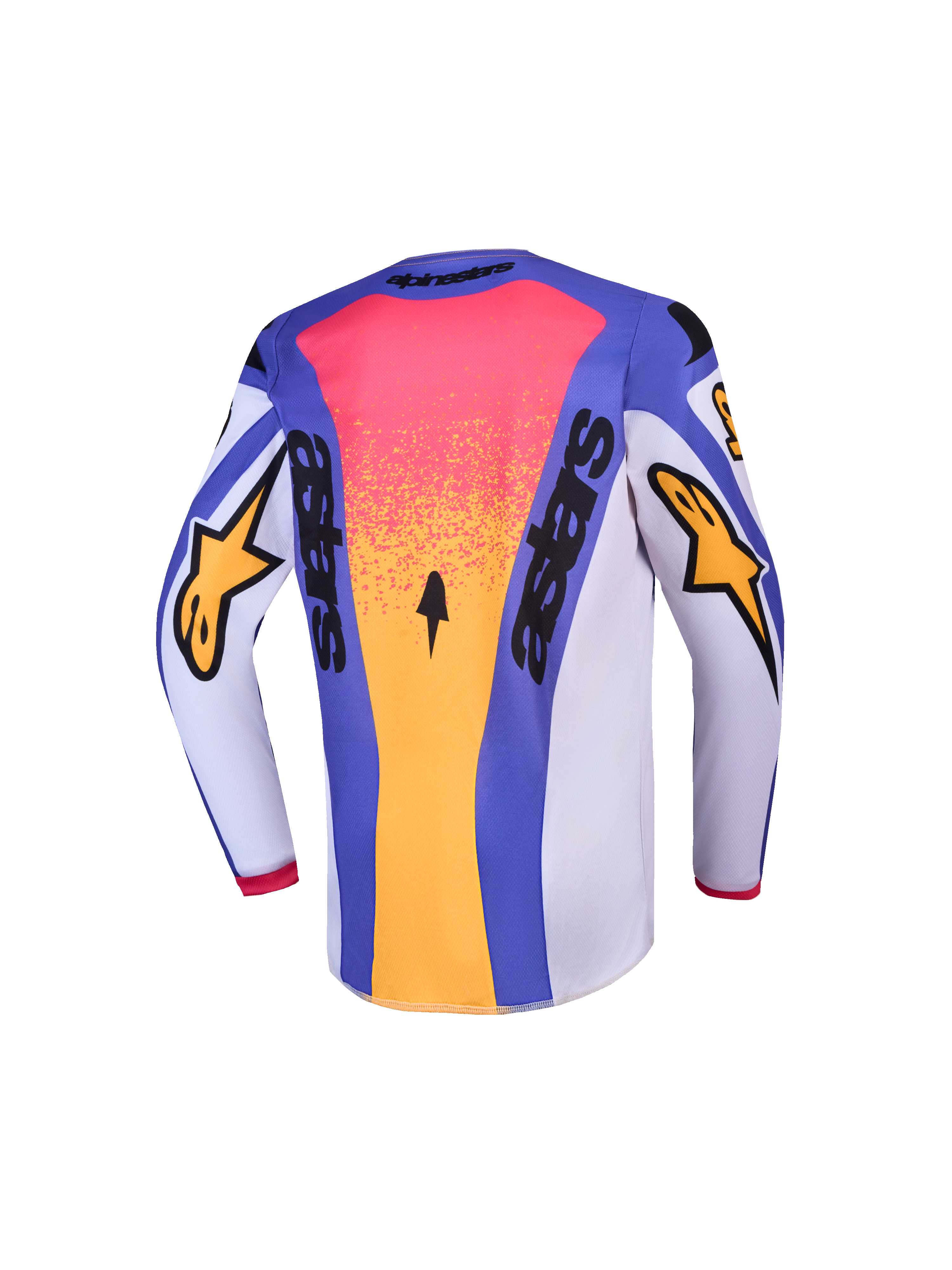 Alpinestars 2027 Youth Fluid Drag Jersey and Gear Set, youth motocross jersey in blue, pink, and gold, back view.