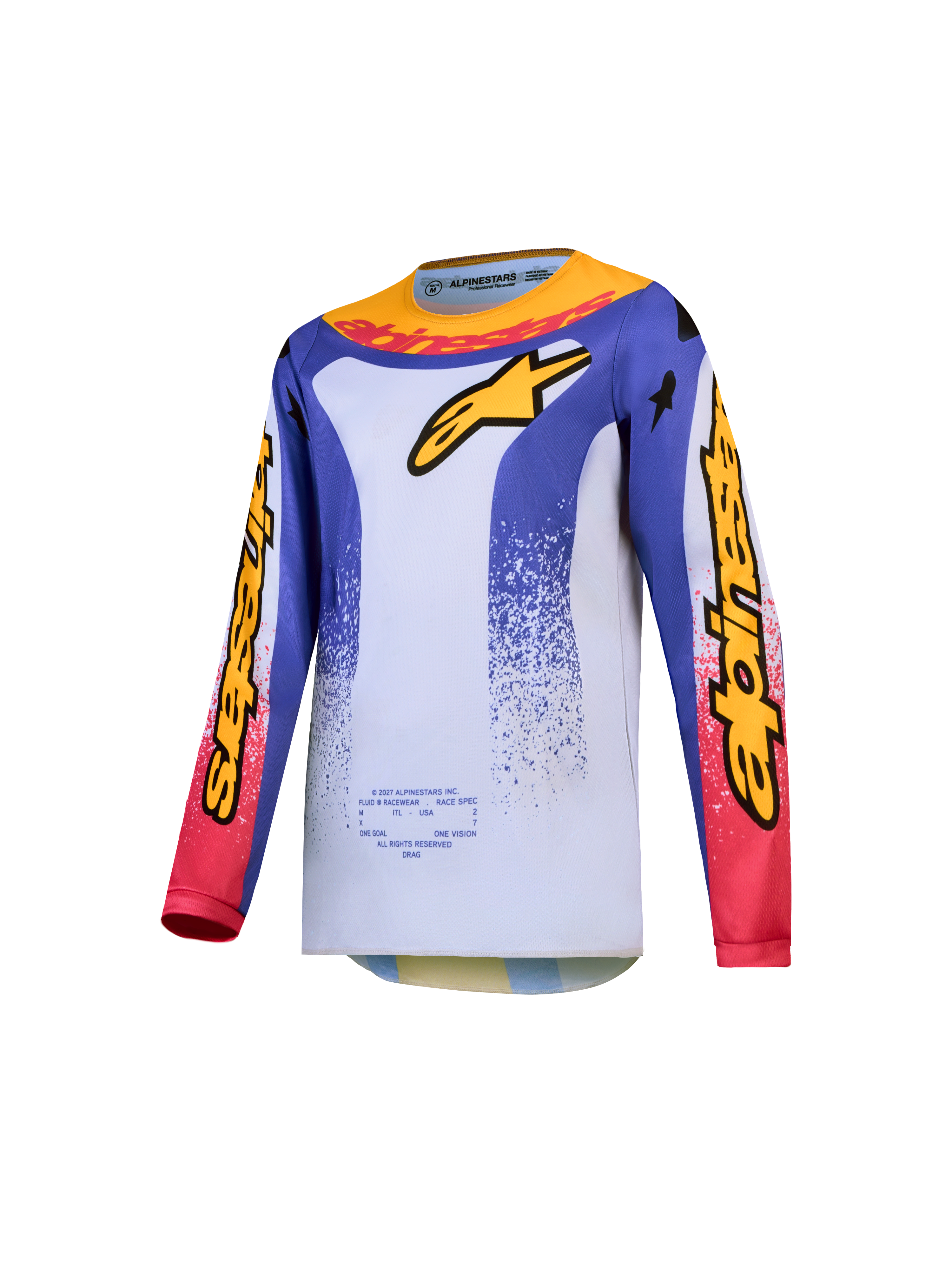 Alpinestars 2027 Youth Fluid Drag Jersey, breathable blue and white youth motocross shirt with yellow and red racing graphics.