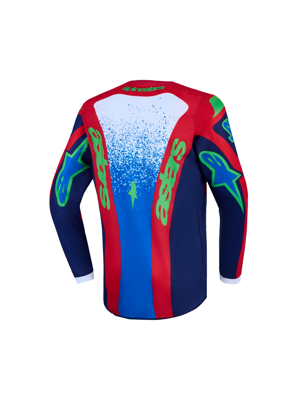 Alpinestars Jugend Fluid Drag Trikot, blau-rotes Motocross-Trikot mit grünen Grafiken, feuchtigkeitsableitend, Rückansicht.