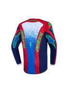 Alpinestars Jugend Fluid Drag Trikot, blau-rotes Motocross-Trikot mit grünen Grafiken, feuchtigkeitsableitend, Rückansicht.
