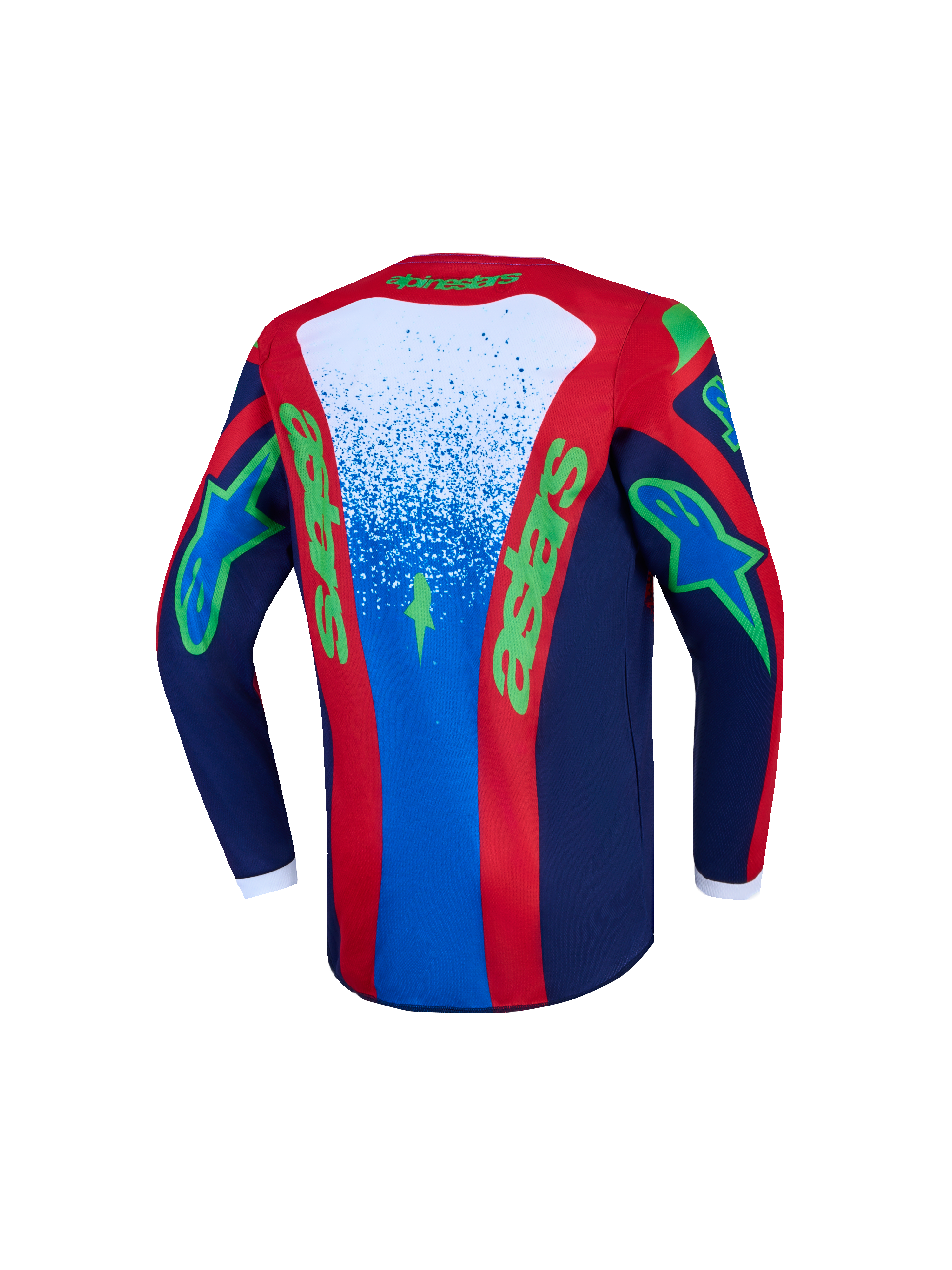 Alpinestars Jugend Fluid Drag Trikot, blau-rotes Motocross-Trikot mit grünen Grafiken, feuchtigkeitsableitend, Rückansicht.