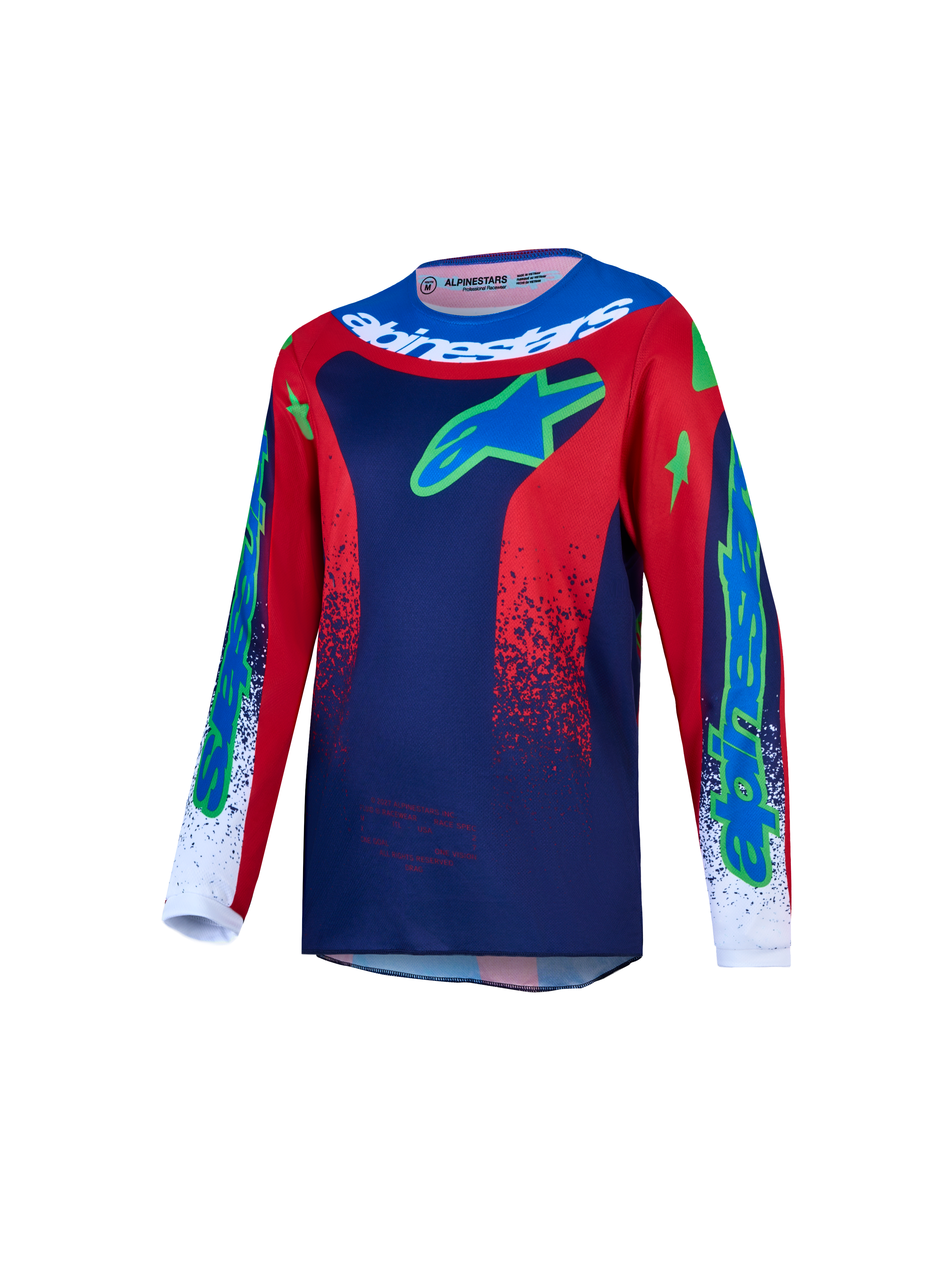Alpinestars Jugend Fluid Drag Trikot, Motocross-Sport, Blau und Rot, feuchtigkeitsableitendes Polygewebe, ergonomische Passform für junge Fahrer.