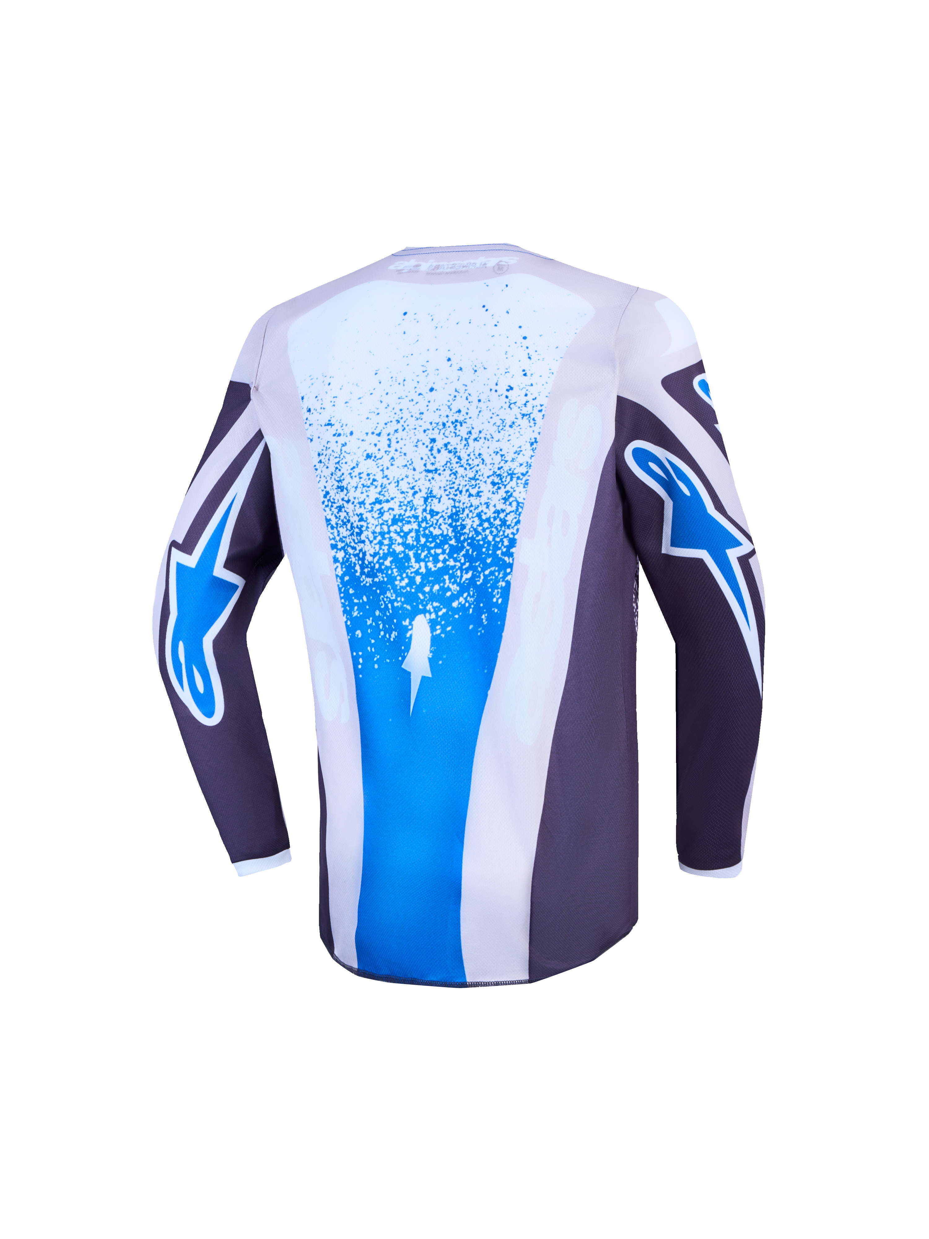 Alpinestars Fluid Drag Jugend-Trikot, Rückansicht, Grau und Blau, feuchtigkeitsableitendes Offroad-Motocross-Trikot.