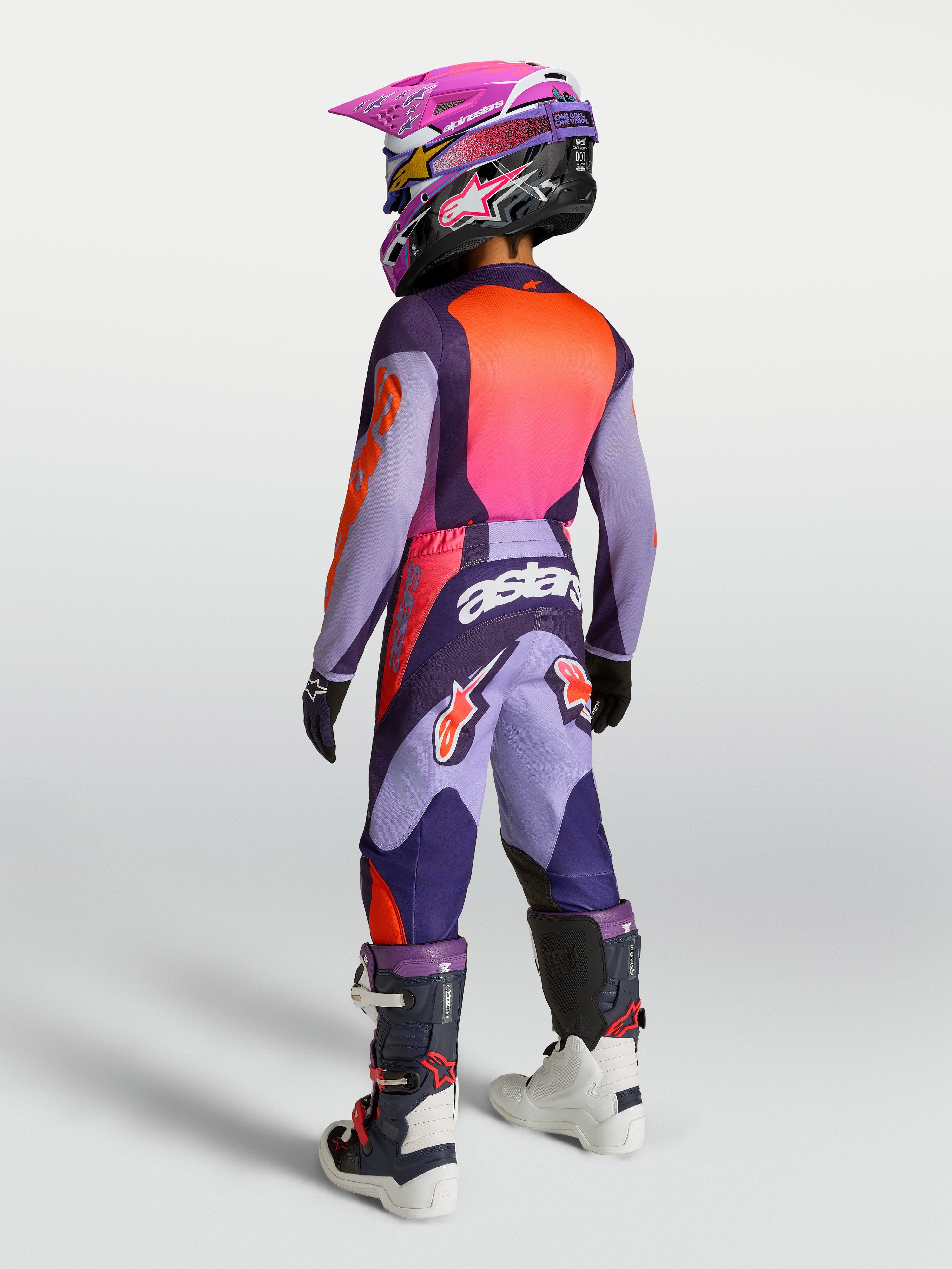 Alpinestars Fluid Hunt Jugend-Trikot und Motocross-Set 2027, Lila und Pink Fluo, Rückansicht der MX-Ausrüstung.