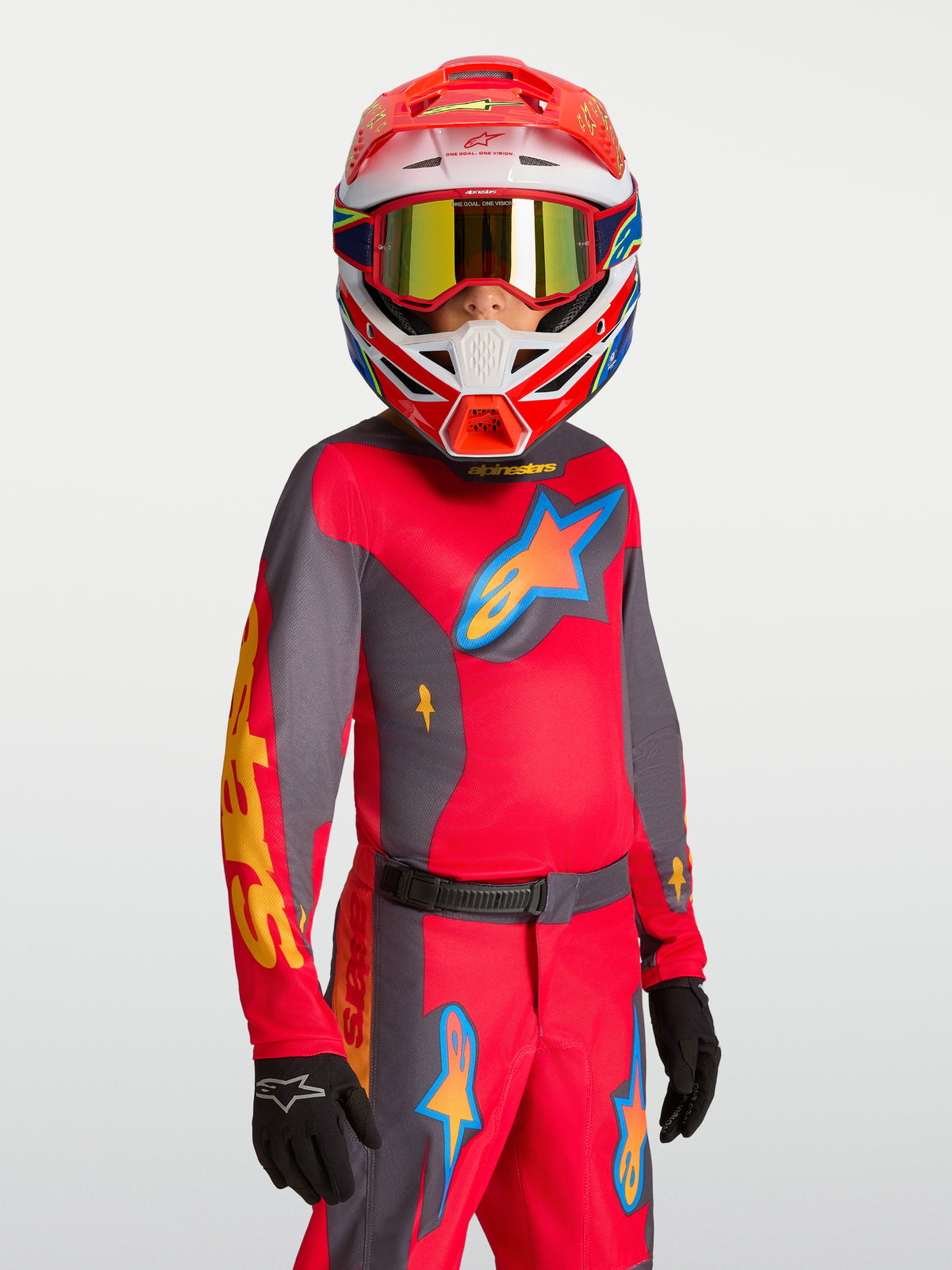Alpinestars 2027 Youth Fluid Hunt Jersey, Fire Red and Graystone moisture-wicking motocross jersey for youth riders.