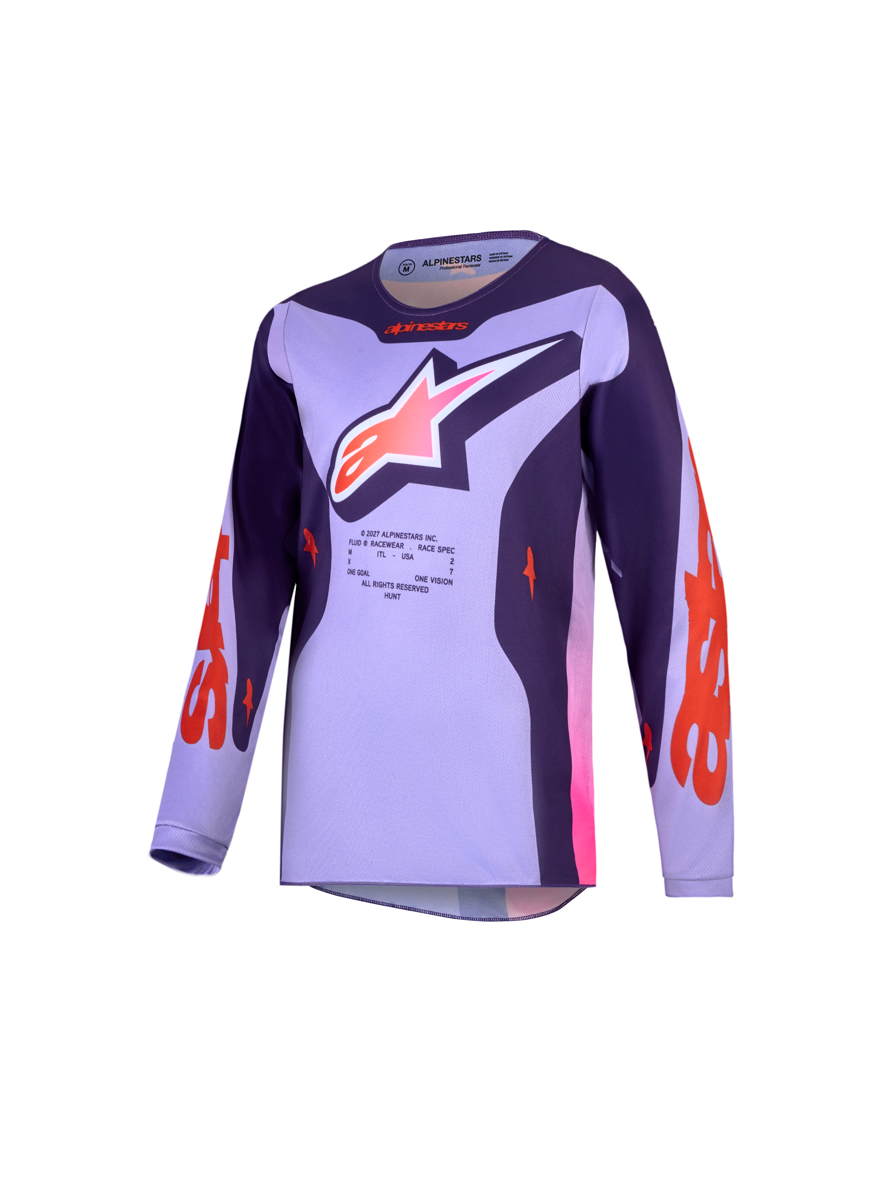 Alpinestars Fluid Hunt Jugend-Trikot, Motocross-Trikot in Hellviolett und Dunkellila, feuchtigkeitsableitendes MX-Oberteil.