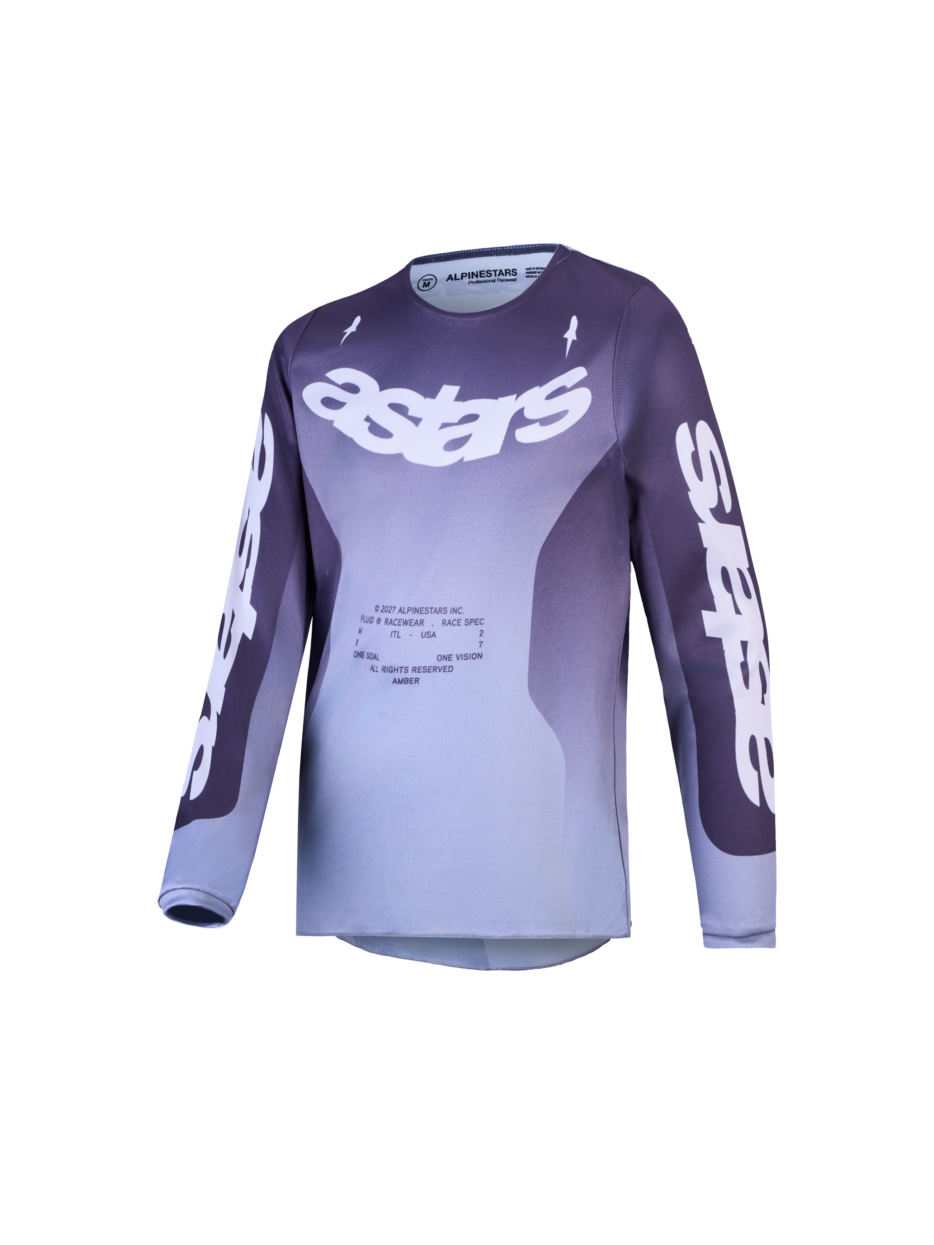 Alpinestars Jugend Fluid Amber Trikot, Motocross-Renntrikot, Lila und Grau mit Farbverlauf, markantes Astars-Branding, Performance-Offroad-Design