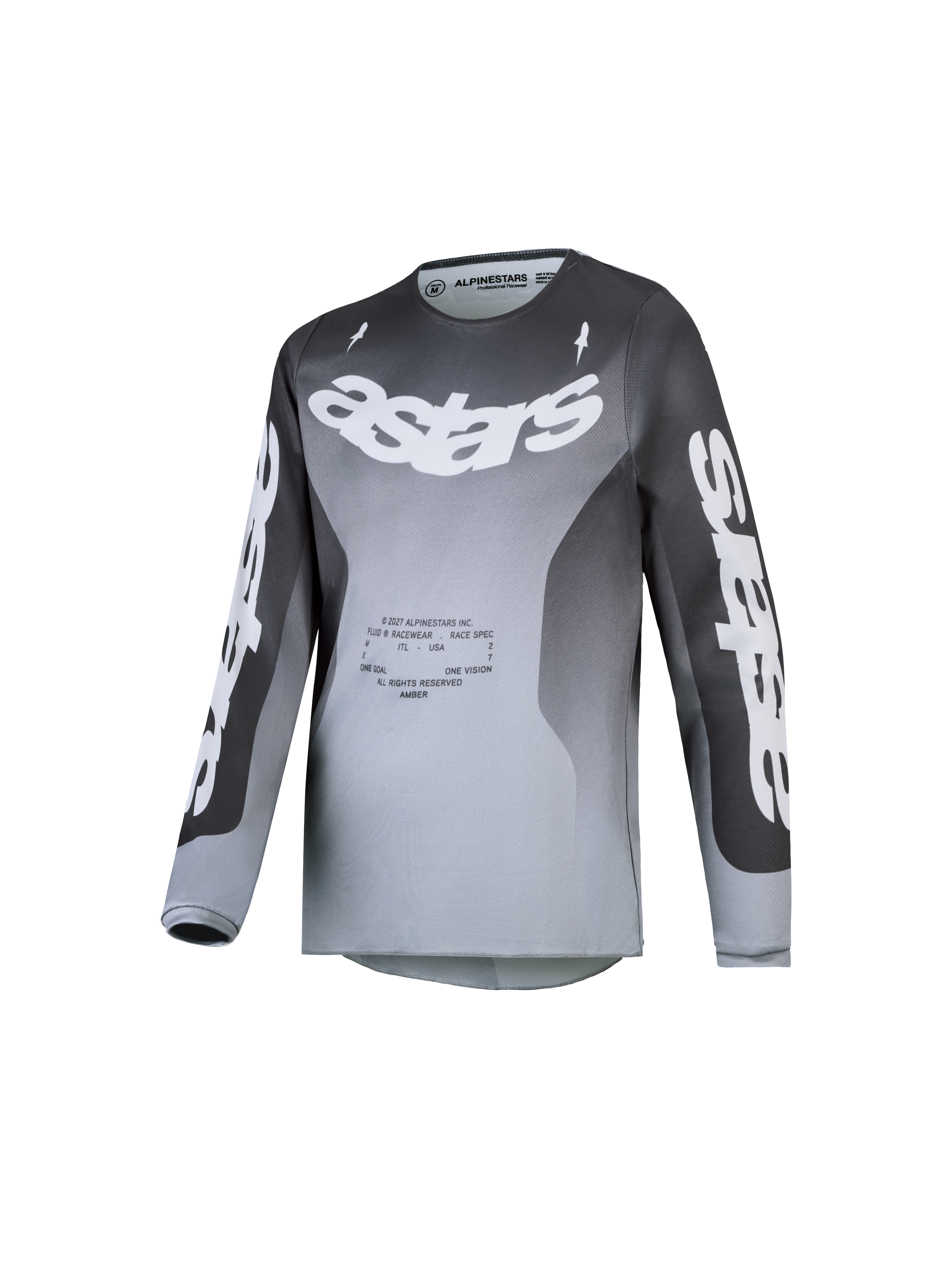 Alpinestars Fluid Jugend-Trikot Amber 2027, Motocross-Trikot für die Jugend, Grau und Weiß mit Farbverlauf, feuchtigkeitsableitendes Polygewebe, sportliche Passform.