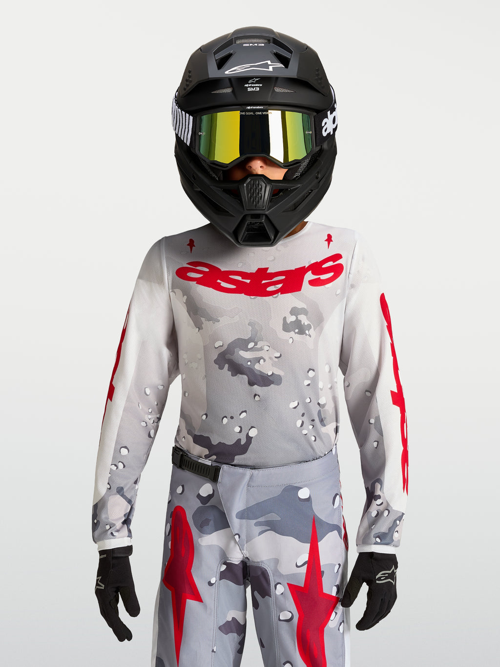 Alpinestars Fluid Jugend-Trikot Lone 2027, Motocross-Trikot in Grau Camouflage und Rot, atmungsaktive Textilkonstruktion.