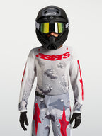 Alpinestars Fluid Jugend-Trikot Lone 2027, Motocross-Trikot in Grau Camouflage und Rot, atmungsaktive Textilkonstruktion.