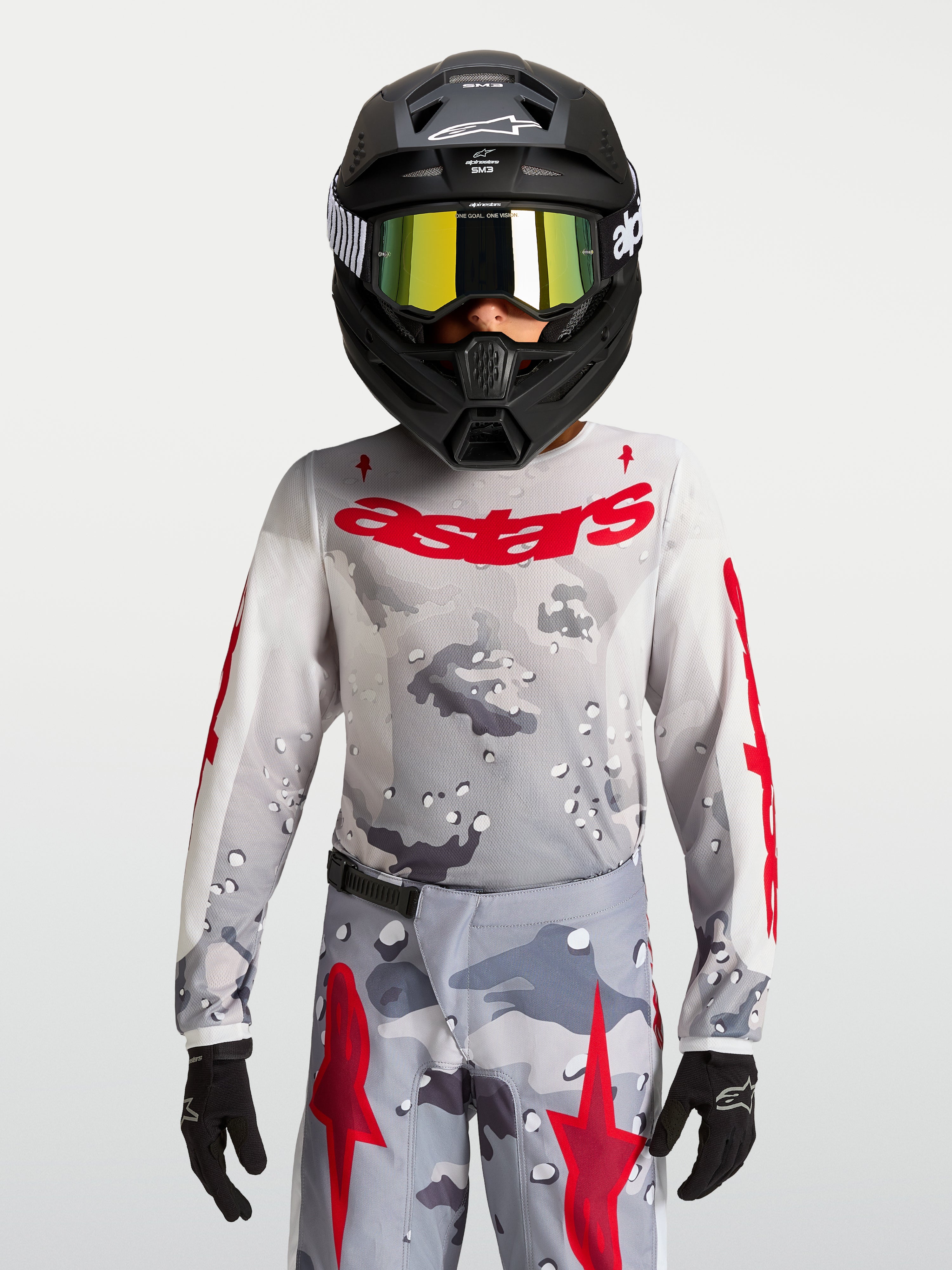 Alpinestars Fluid Jugend-Trikot Lone 2027, Motocross-Trikot in Grau Camouflage und Rot, atmungsaktive Textilkonstruktion.