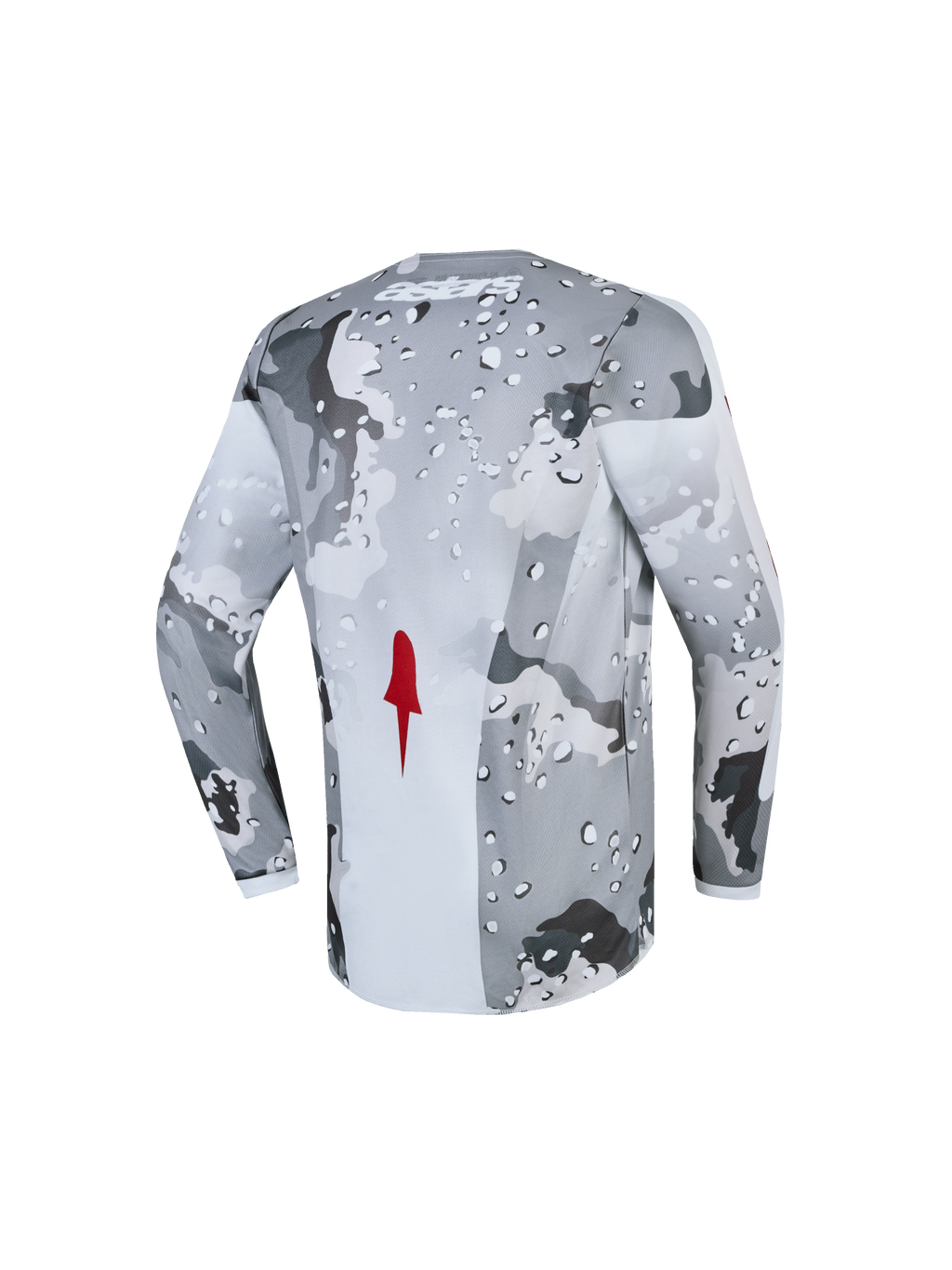 Alpinestars Fluid Jugend-Trikot Lone 2027, Motocross-Trikot, Grau und Weiß, Camouflage-Muster, atmungsaktives Polygewebe, roter Akzent, Rückansicht.