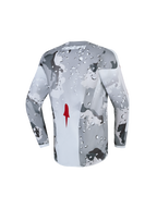 Alpinestars Fluid Jugend-Trikot Lone 2027, Motocross-Trikot, Grau und Weiß, Camouflage-Muster, atmungsaktives Polygewebe, roter Akzent, Rückansicht.