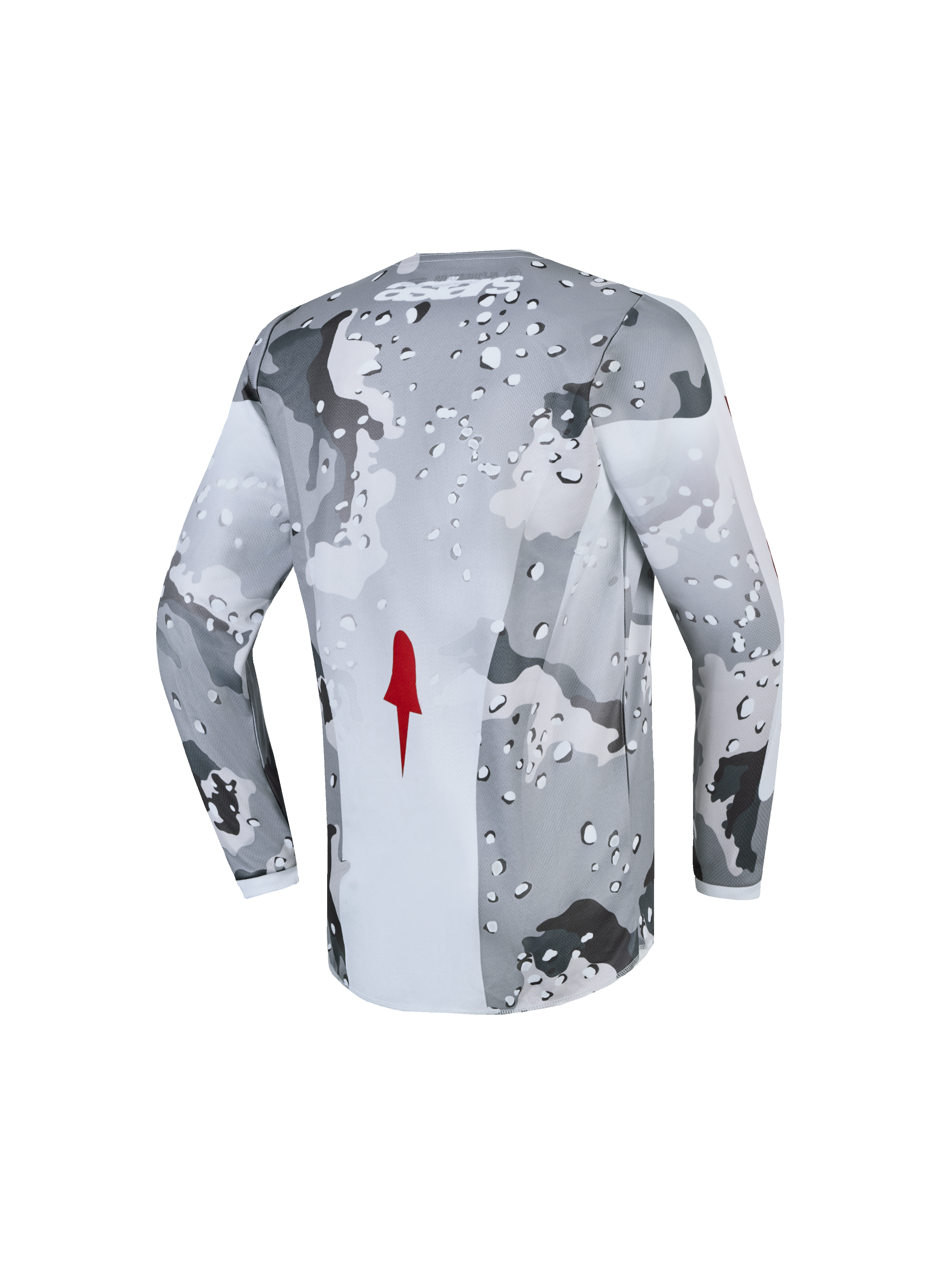 Alpinestars Fluid Jugend-Trikot Lone 2027, Motocross-Trikot, Grau und Weiß, Camouflage-Muster, atmungsaktives Polygewebe, roter Akzent, Rückansicht.