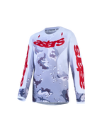 Alpinestars Youth Fluid Lone Jersey, gray camo and fire red motocross top featuring breathable, moisture-wicking polyfabric.