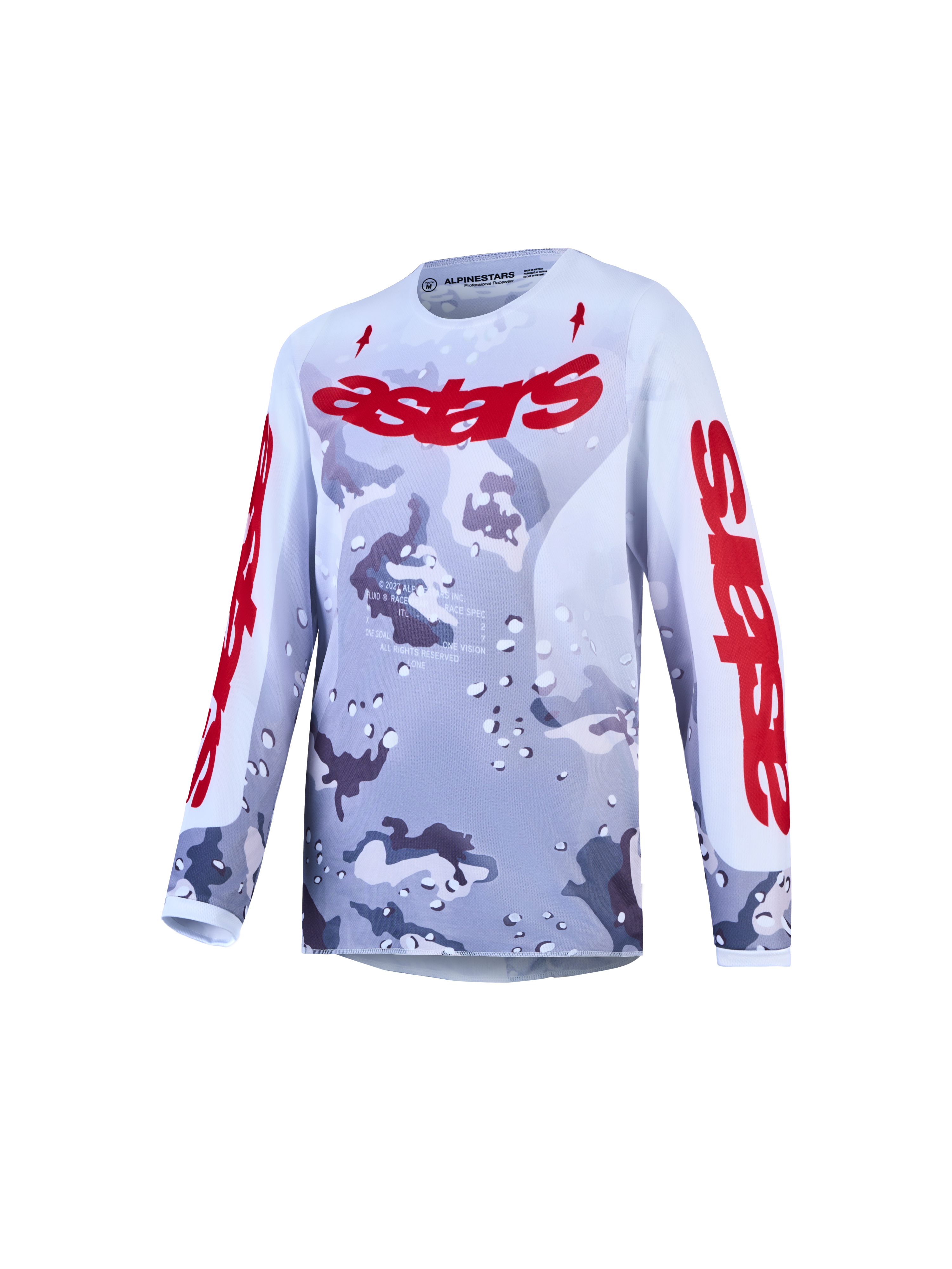 Alpinestars Youth Fluid Lone Jersey, gray camo and fire red motocross top featuring breathable, moisture-wicking polyfabric.