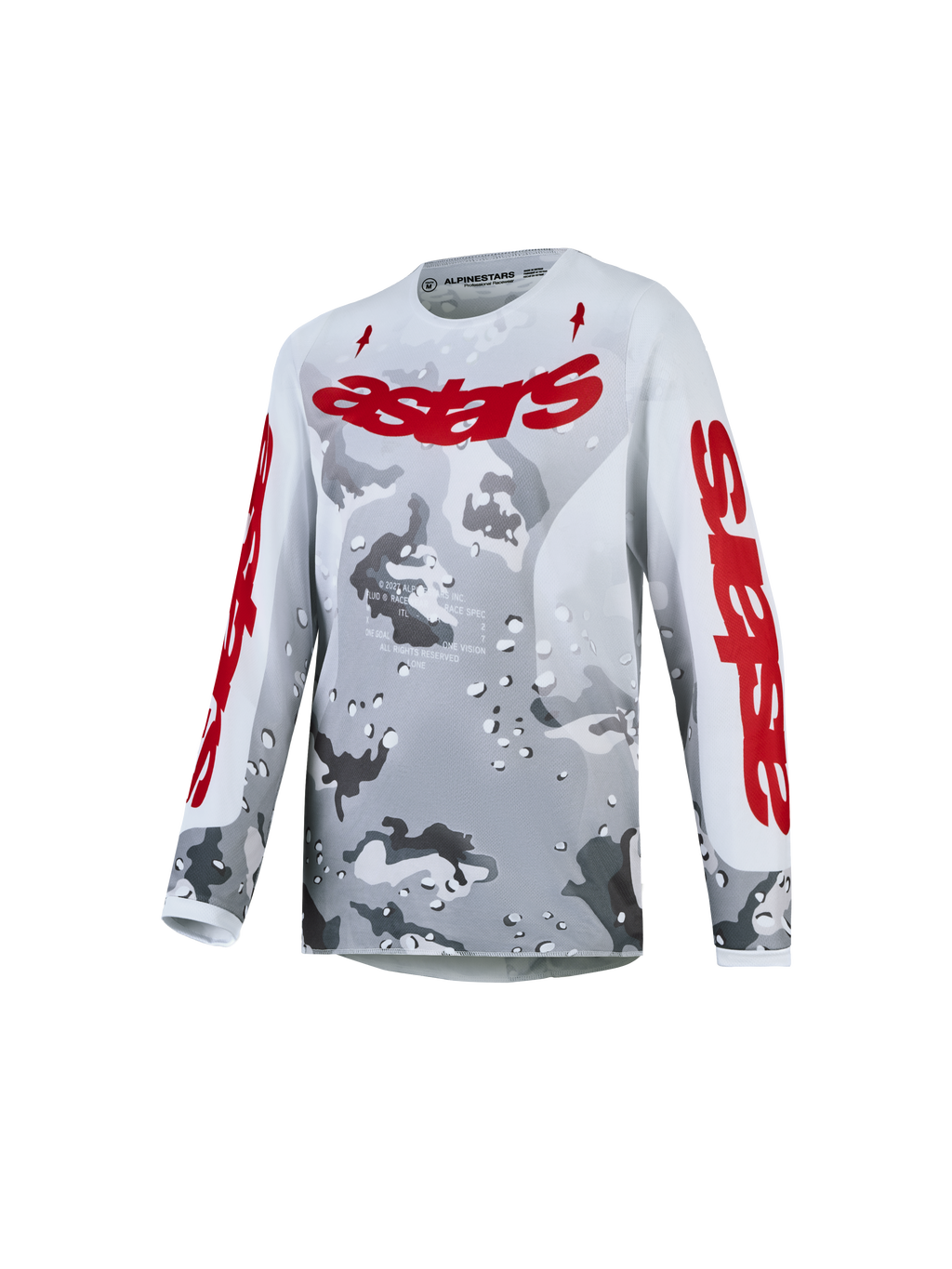 Alpinestars Fluid Jugend-Trikot Lone 2027, Motocross-Trikot für junge Fahrer, Grau Camo und Rot, atmungsaktives Polygewebe.