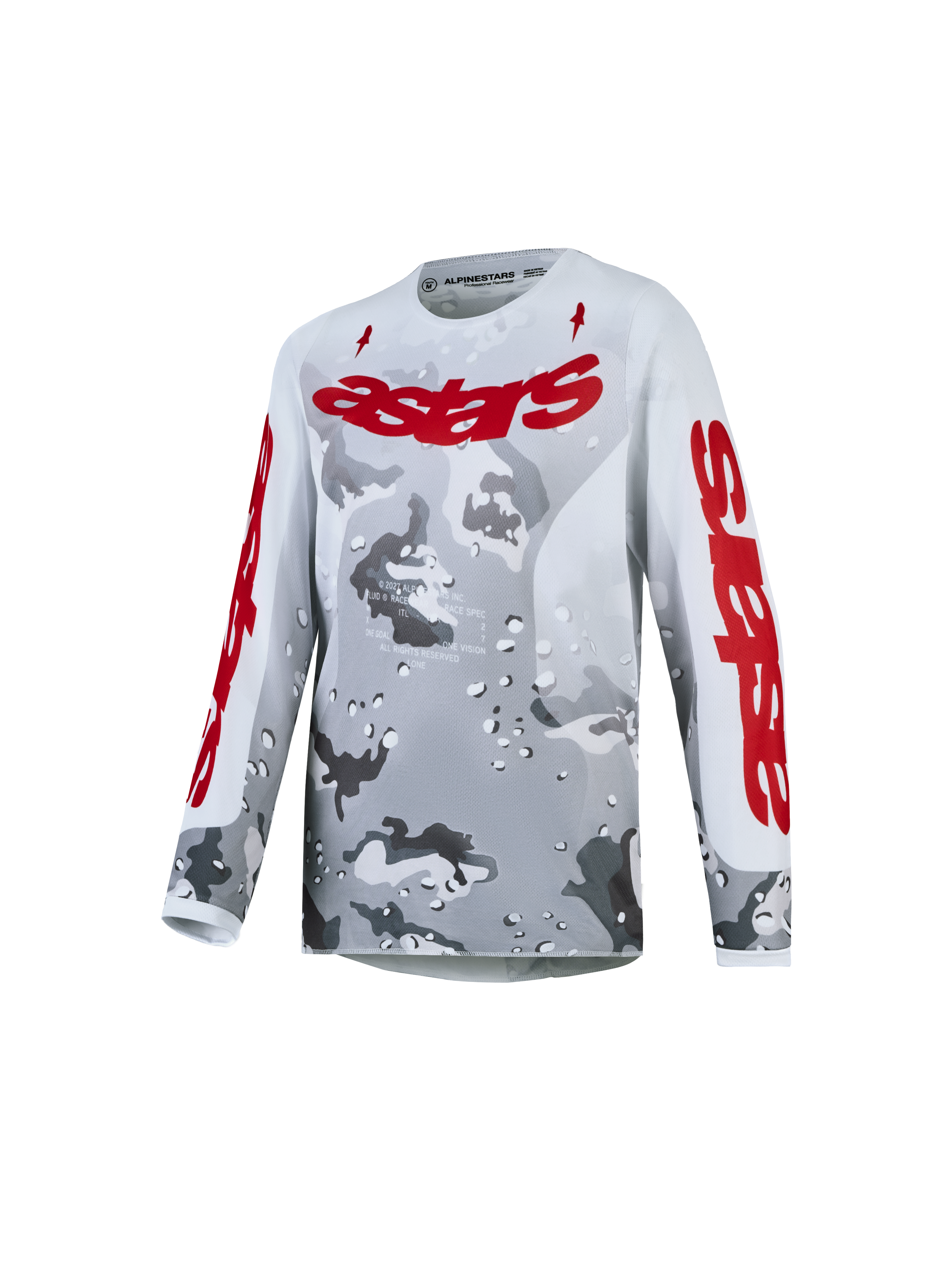 Alpinestars Fluid Jugend-Trikot Lone 2027, Motocross-Trikot für junge Fahrer, Grau Camo und Rot, atmungsaktives Polygewebe.