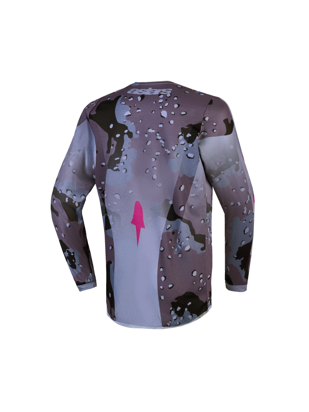 Alpinestars Fluid Jugend-Trikot Lone, Motocross-Oberteil in Grau-Camo und Lila mit verlängertem Rücken.