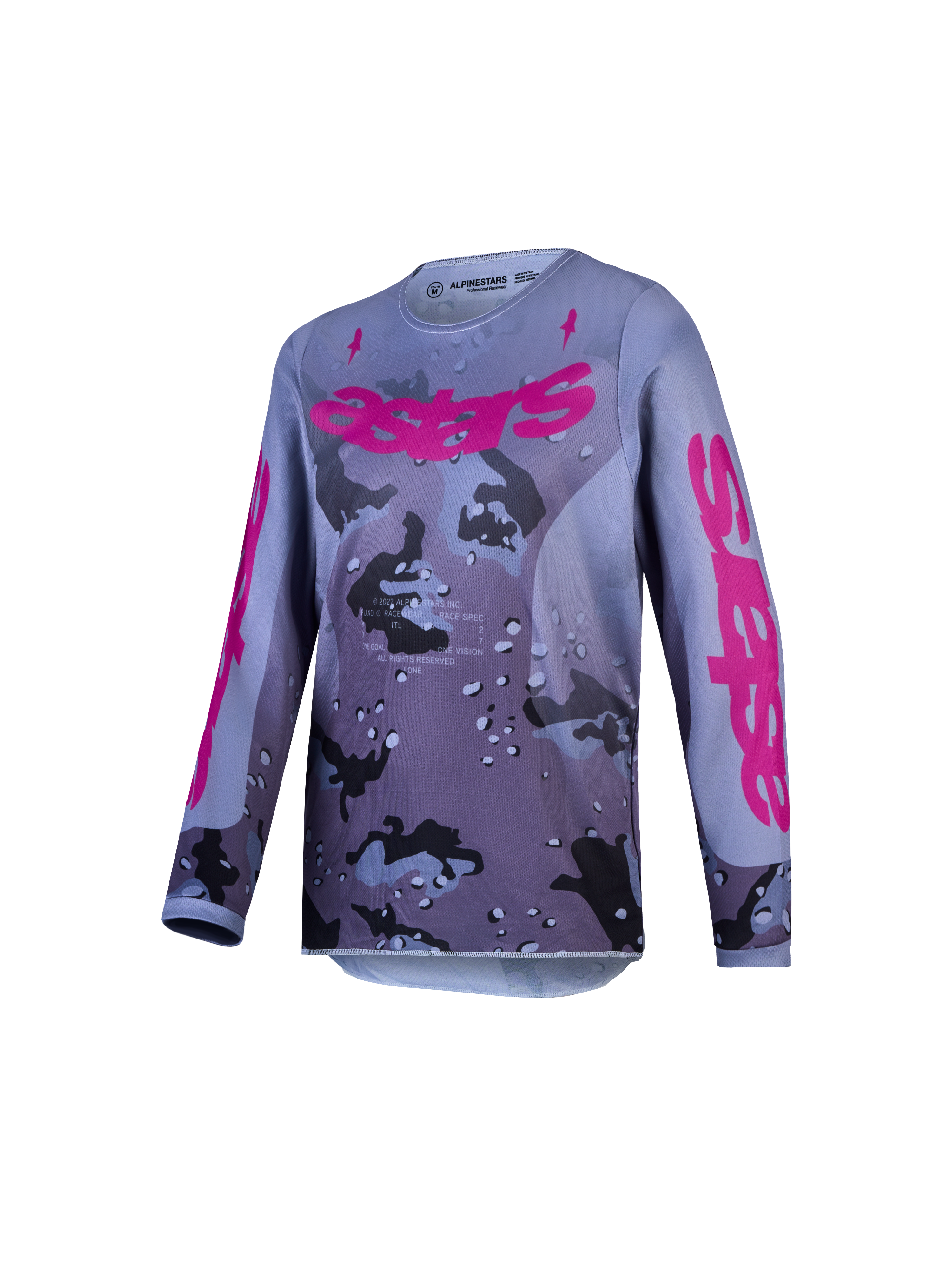 Alpinestars Fluid Jugend-Trikot Lone und Jugendliche Fluid Lone Gear Set, Motocross-Trikot, Grau-Camo und Lila, atmungsaktiv.