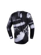 Alpinestars 2026 Youth Fluid Lahnd Jersey, Motocross Jersey, Black and white Iron Camo brush-stroke design, back view, long sleeves, featuring white Alpinestars logo outline, performance-driven off-road gear