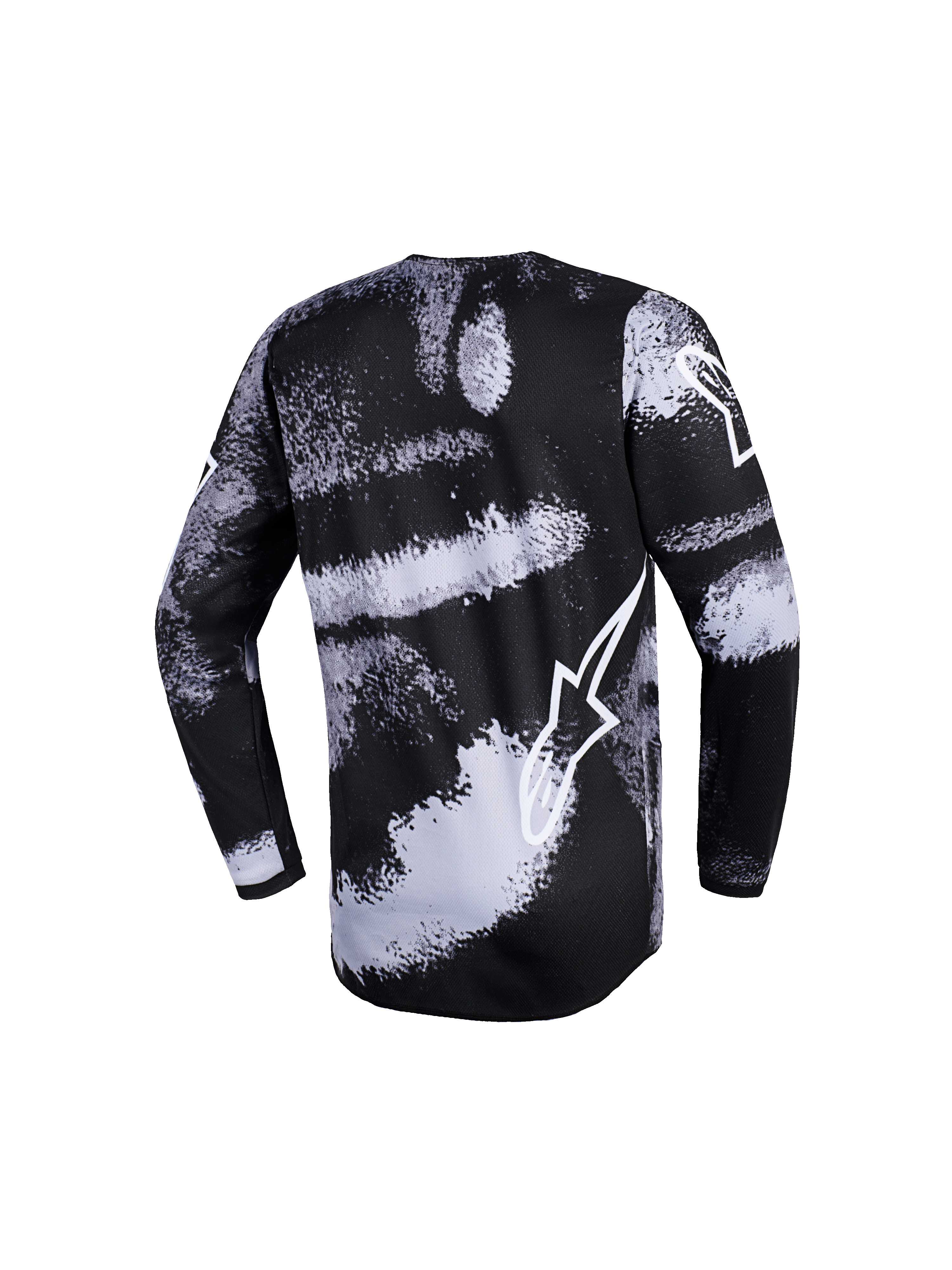 Alpinestars 2026 Youth Fluid Lahnd Jersey, Motocross Jersey, Black and white Iron Camo brush-stroke design, back view, long sleeves, featuring white Alpinestars logo outline, performance-driven off-road gear
