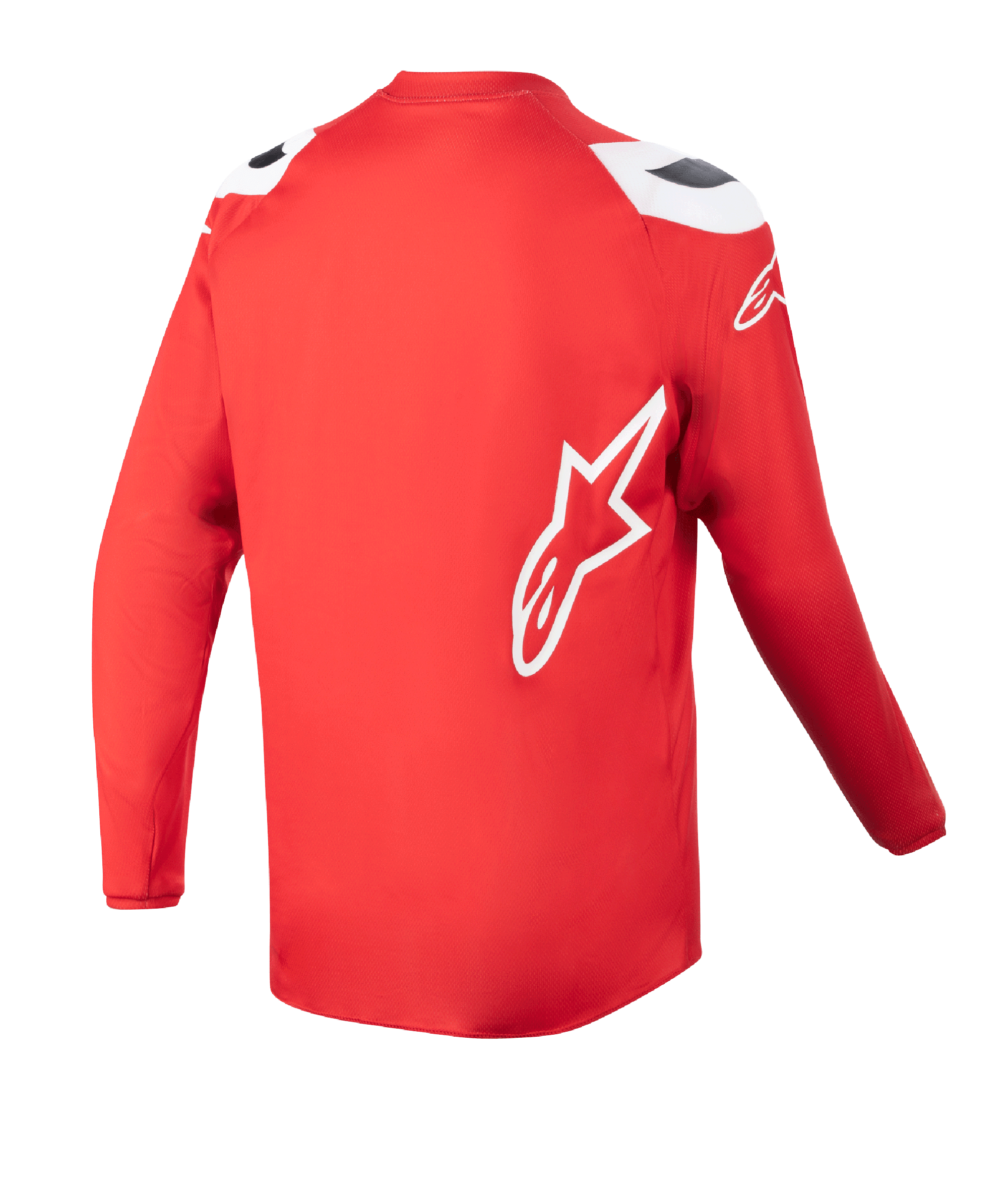 Alpinestars Youth 2023 Racer Narin Jersey, Jugend-Motocross-Trikot, Mars-Rot und Weiß, Rückansicht mit verlängertem Rückensaum, weißes Alpinestars Stern-Logo an der Seite, Performance-Offroad-Bekleidung