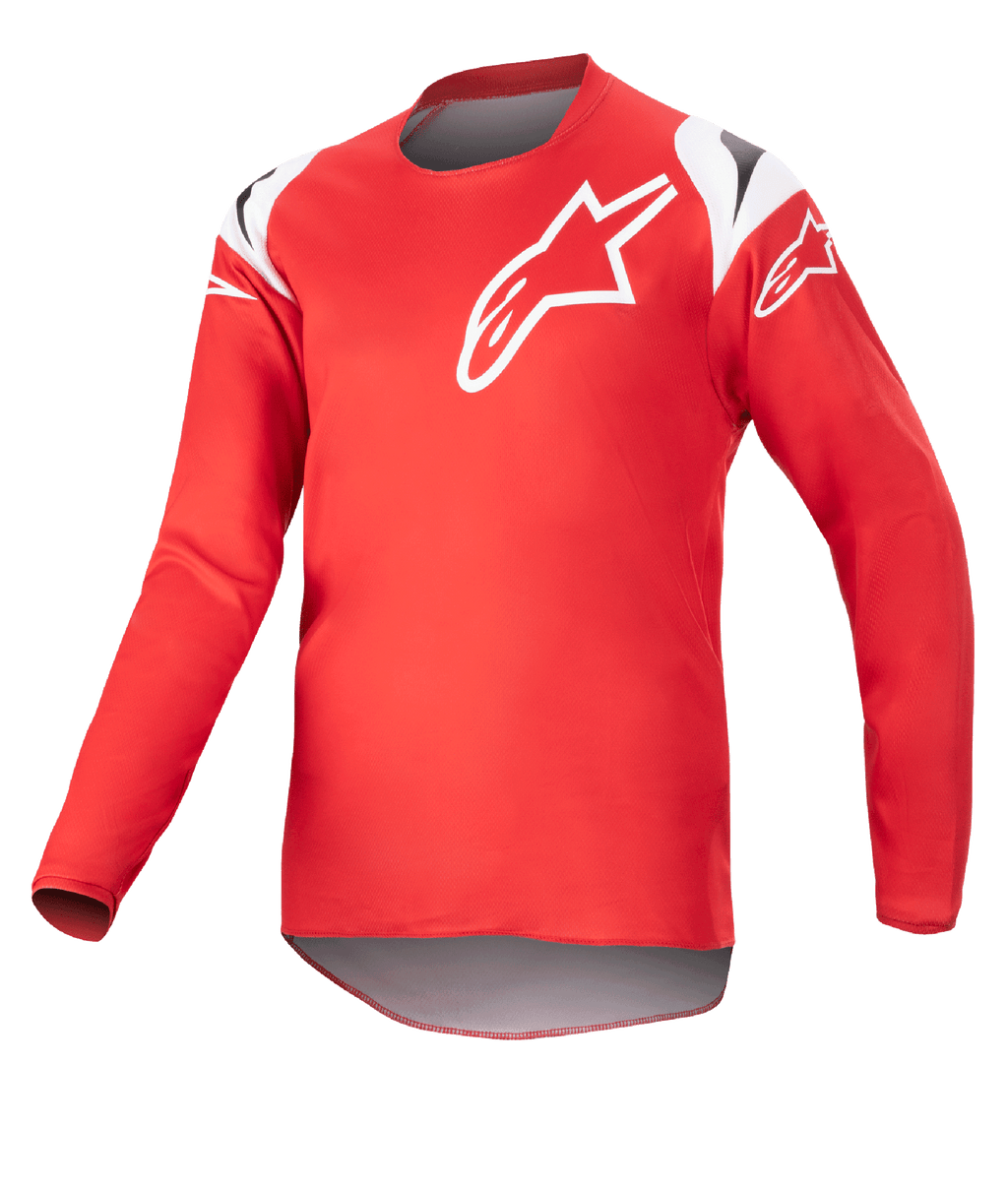 Alpinestars Youth 2023 Racer Narin Trikot, Jugend-Motocross-Jersey, Mars-Rot und Weiß, mit einem großen weißen Stern-Logo auf der Brust und Schulterakzenten, leichtes langärmeliges Funktionsgewebe für den Offroad-Rennsport