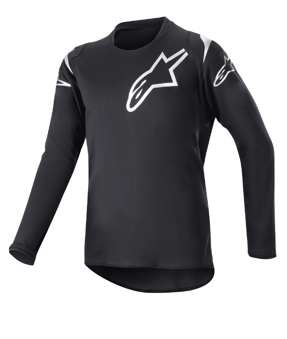 Alpinestars Youth 2023 Racer Graphite Jersey, Motocross-Trikot für Jugendliche, Schwarz und reflektierendes Schwarz, weiße Stern-Logos auf Brust und Schultern, Langarm, leichtes feuchtigkeitsableitendes Gewebe mit verlängertem Rückensaum, sportliches Design für den Offroad-Sport