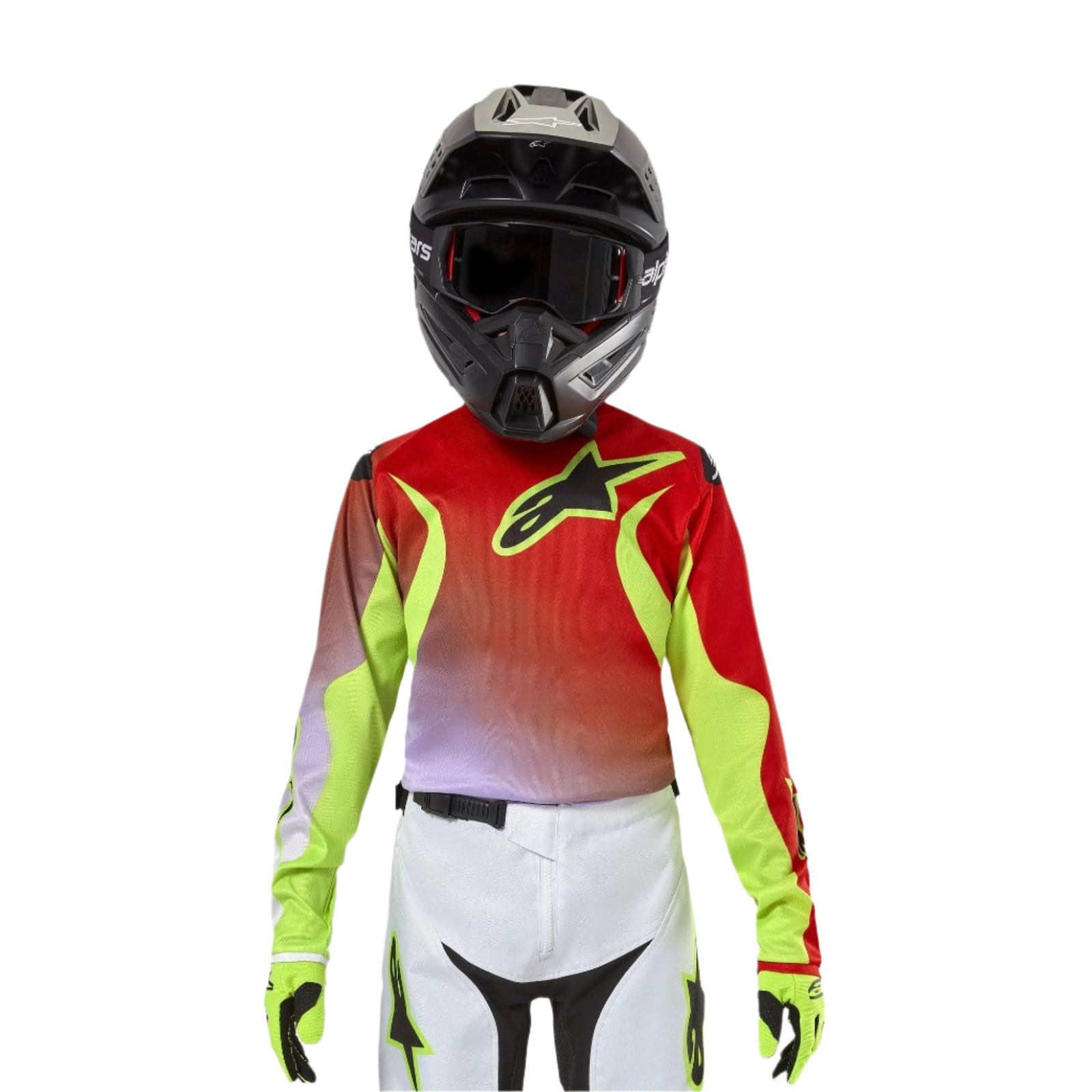 Alpinestars Youth 2024 Racer Lucent Jersey, Motocross Jersey, White Neon Red and Yellow Fluo, featuring a red and neon yellow design with a black star logo, worn with matching black helmet, white pants, and neon gloves for a professional off-road racing kit.