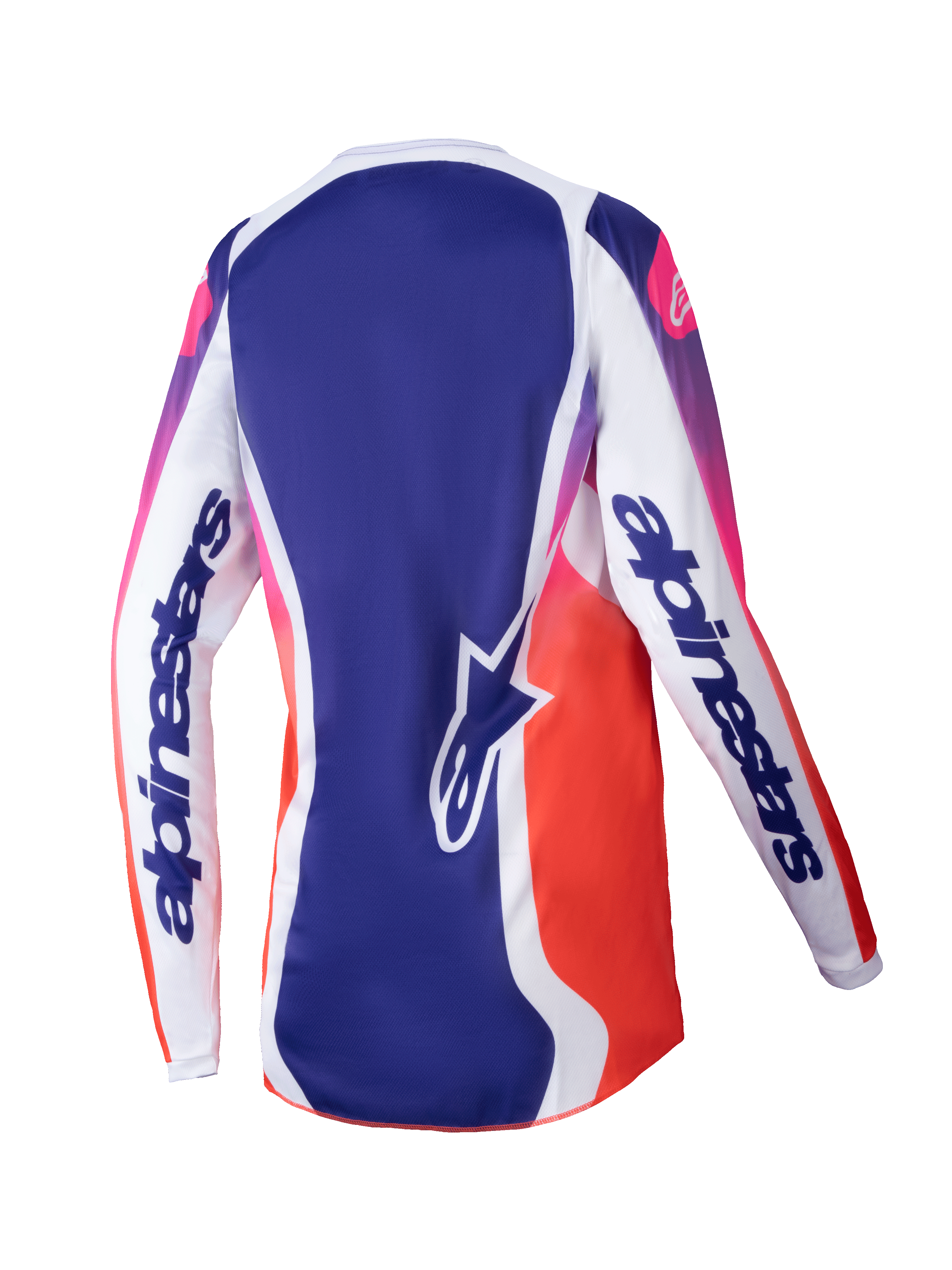 Alpinestars 2025 Stella Fluid Wurx Damen-Trikot, Motocross-Trikot für Damen, Mehrfarbig Weiß mit blauem und pink-orangefarbenem Farbverlauf, Rückansicht mit weißen Ärmeln und markantem Branding, blaues Mittelteil mit Stern-Logo, feuchtigkeitsableitendes sportliches Design