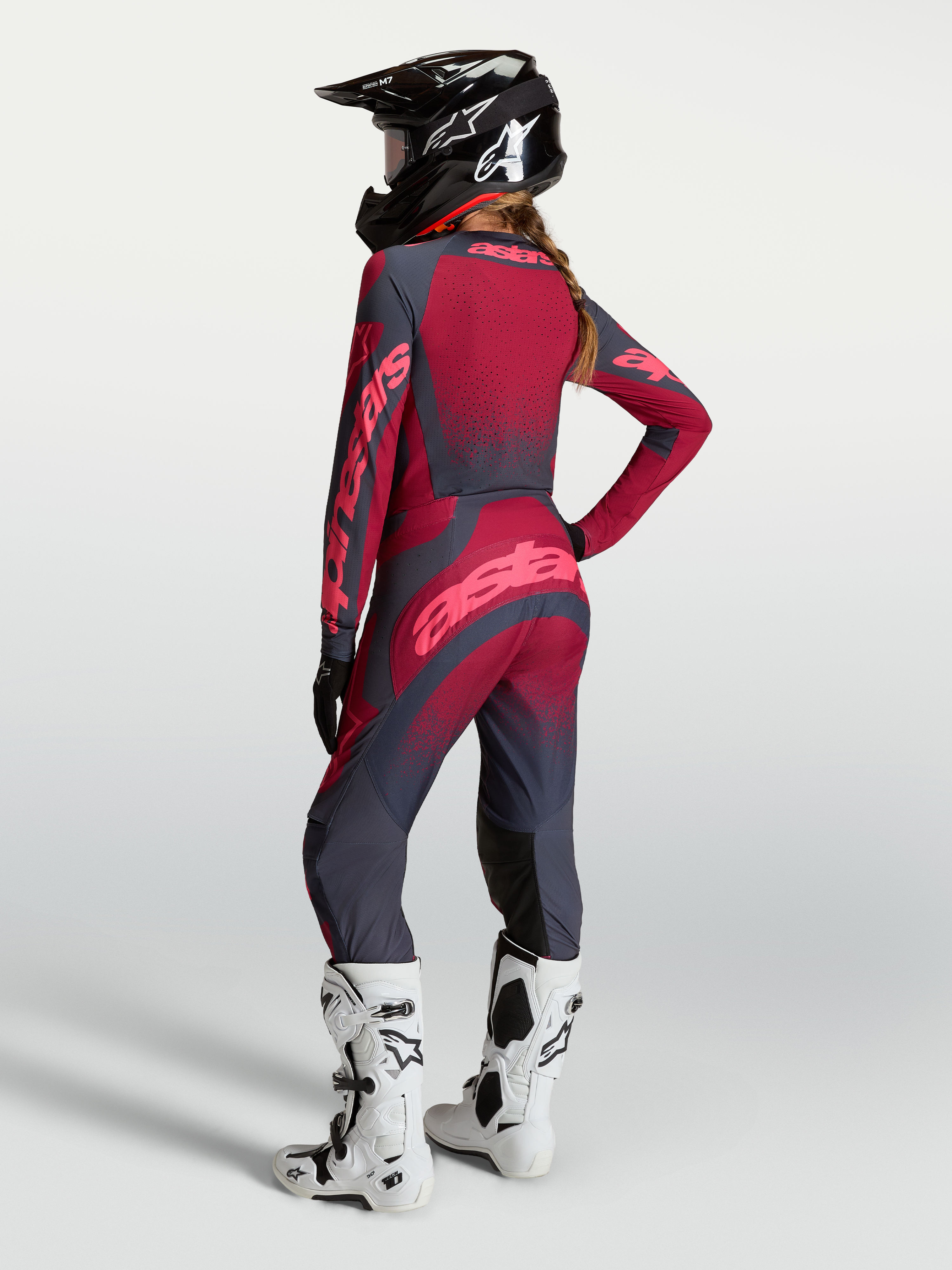 Alpinestars Stella Techstar Swan Motocross-Hose für Damen, Karmesinrot und Dunkelgrau, mit Stretch-Konstruktion.