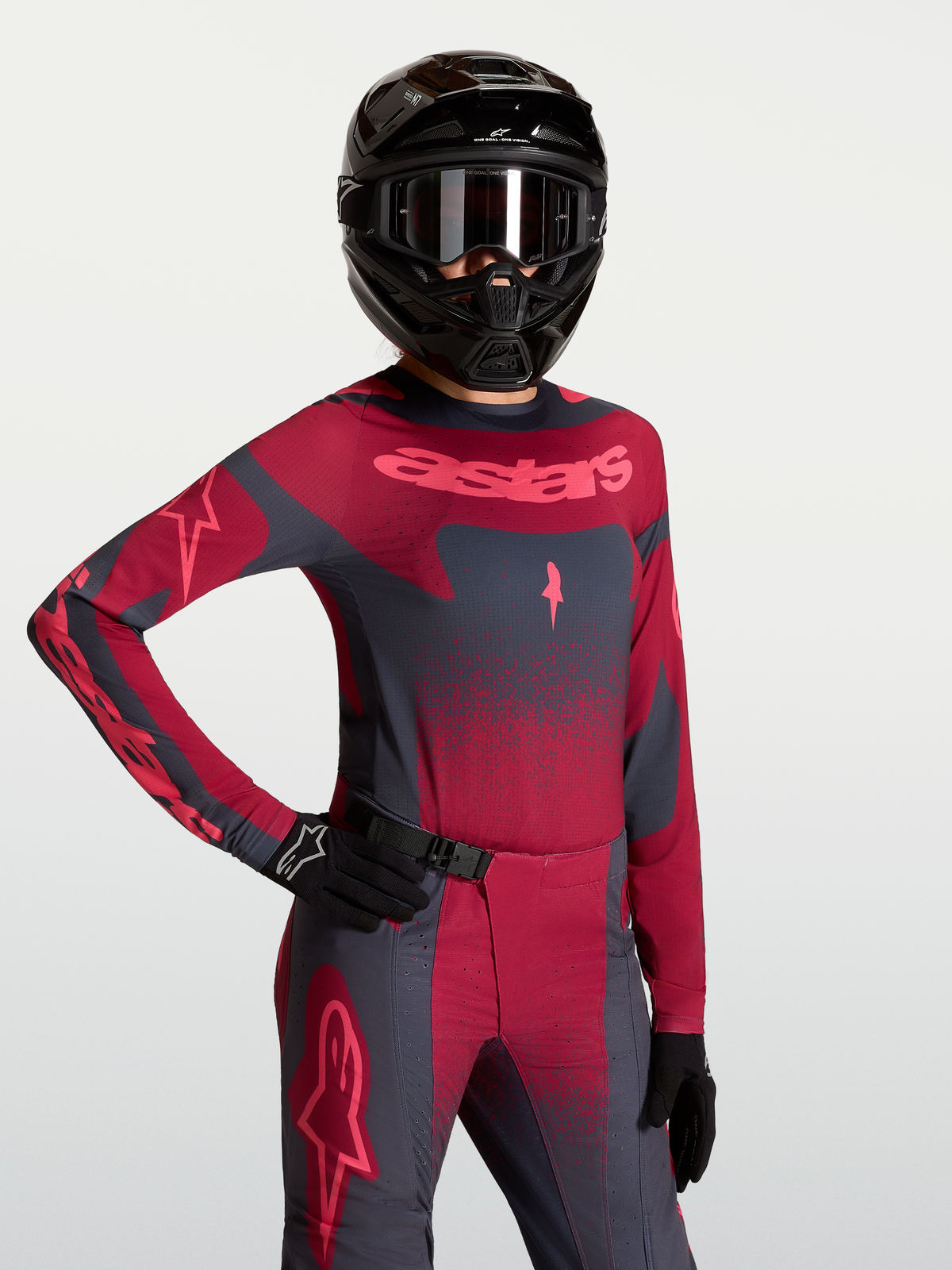 Alpinestars Stella Techstar Trikot Swan, Damen-Motocrosstrikot in Rot und Dunkelgrau mit lasergeschnittener Belüftung.