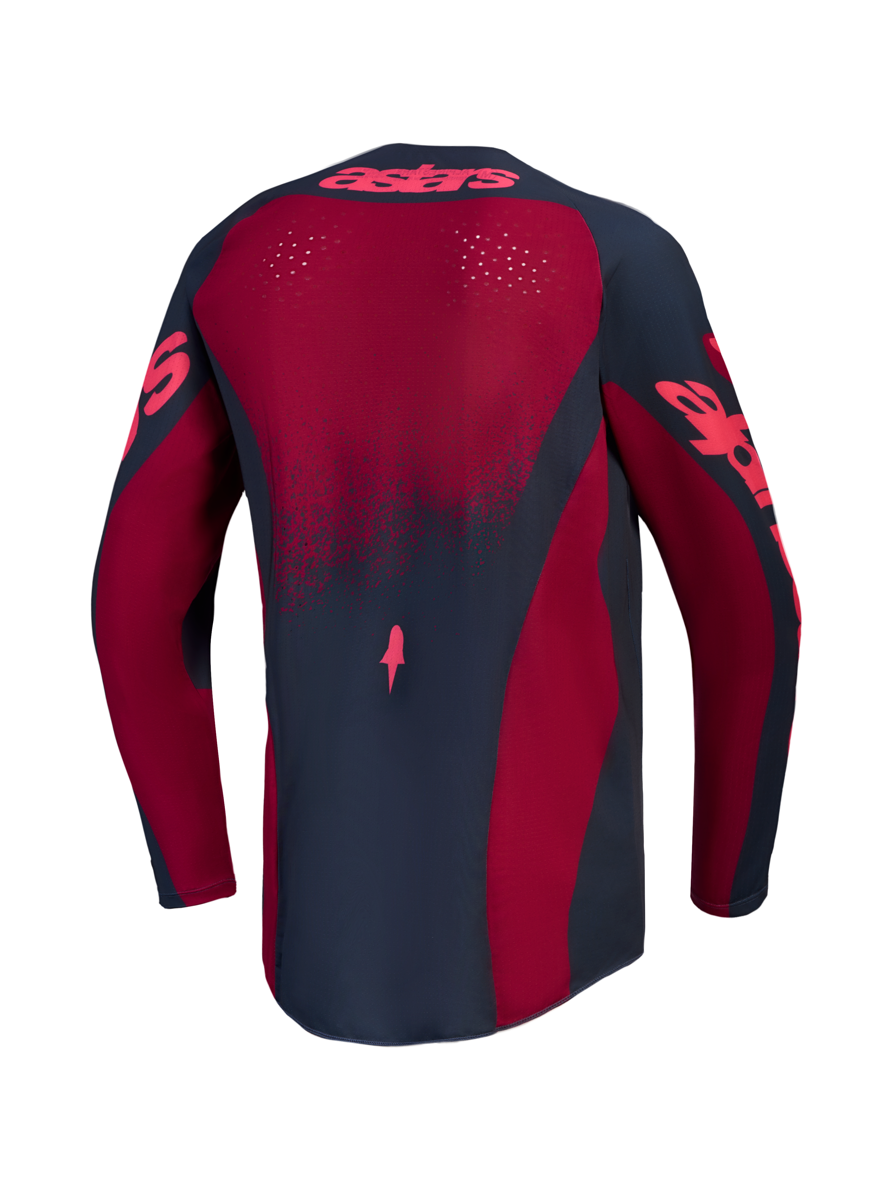 Alpinestars Stella Techstar Trikot Swan, Motocross-Oberteil für Damen, Rot und Dunkelgrau, Rückansicht mit lasergeschnittener Belüftung und verlängertem Rückenteil