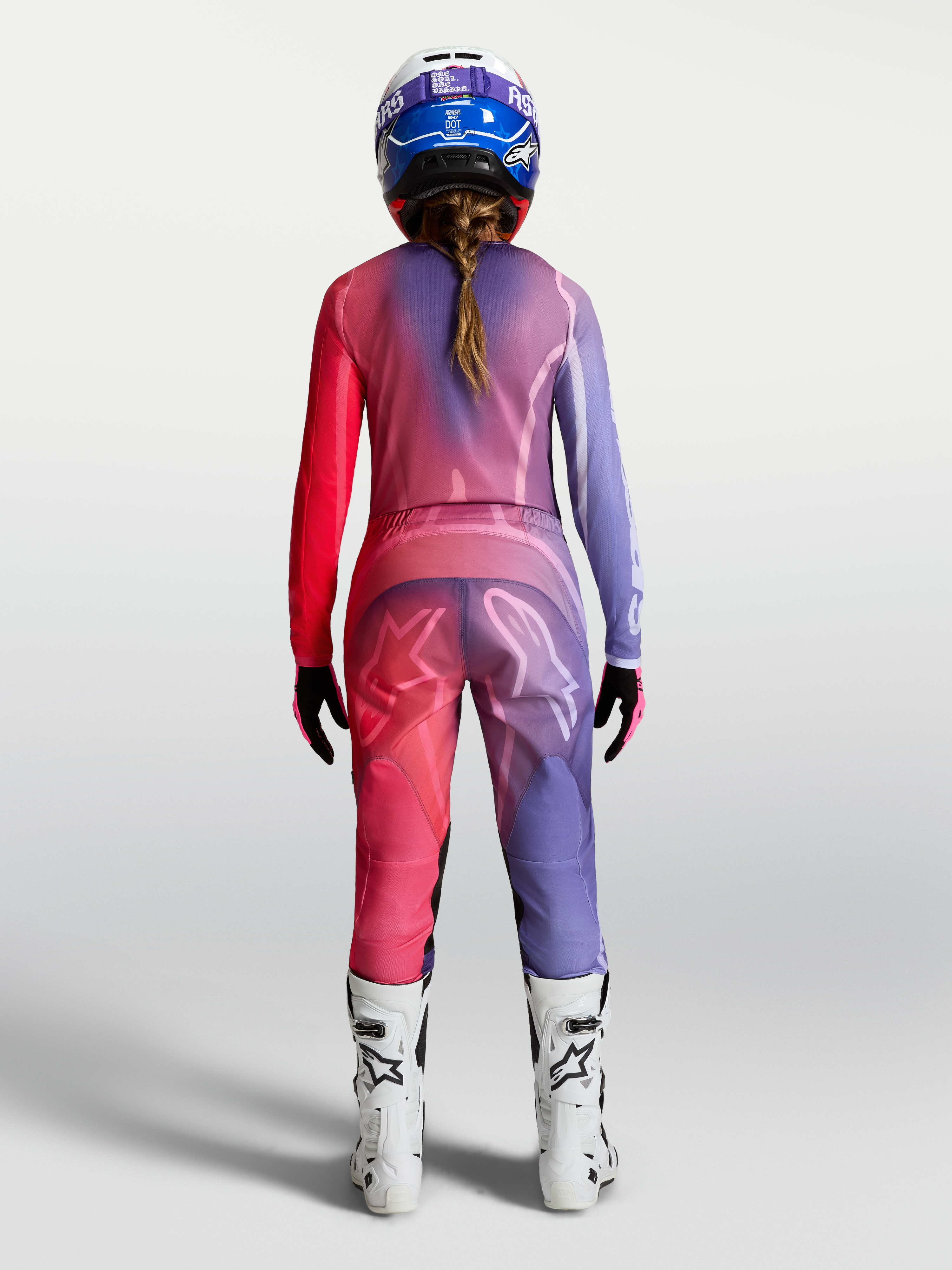 Alpinestars Stella Fluid Kepler Damen-Motocross-Outfit in Lila und Rot, Rückansicht aus strapazierfähigem 600D-Polygewebe.