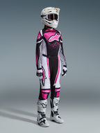 Alpinestars 2026 Stella Techstar Nomur Gear Set, full women's motocross racing gear, vibrant pink black and white jersey with matching pants, white helmet and goggles, white and black boots, professional coordinated motocross outfit