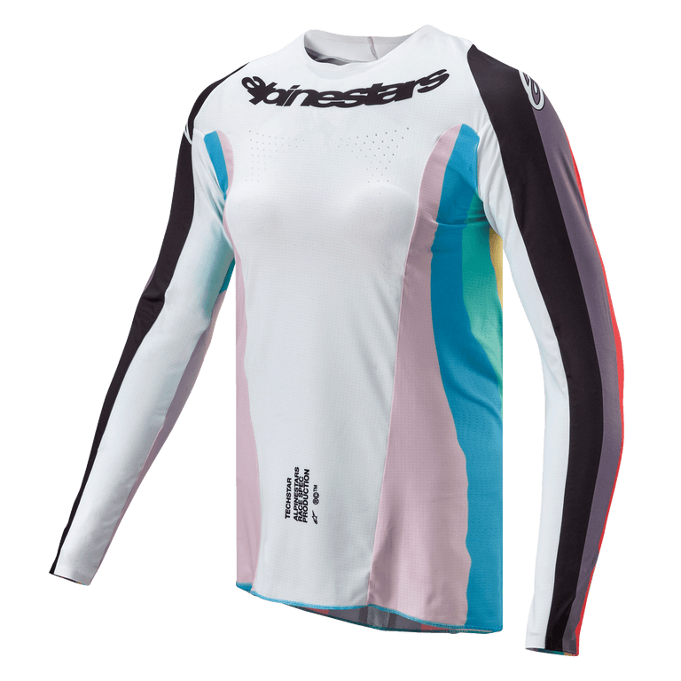 Alpinestars Damen Stella 2024 Techstar Trikot, Motocross-Trikot, Schwarz Mehrfarbig, weißer Hauptteil mit pinken und blaugrünen Seiteneinsätzen, schwarz gestreifte Ärmel, Alpinestars-Logo auf der Brust, athletische Damenpassform mit Belüftungsperforationen