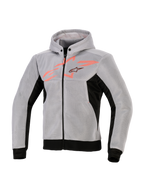 Alpinestars Chrome Superairflow Hoodie, technischer Motorrad-Kapuzenpullover, Schwarz, Mittelgrau und Fluo-Rot, 3D-Mesh-Konstruktion, hellgrau mit schwarzen Seiteneinsätzen und Saum, fluo-rote Brustgrafik mit Alpinestars-Sternlogo, sportliche Motorradausrüstung