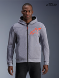 Alpinestars Chrome V2 Sport Kapuzenjacke, Herren-Motorradjacke in Grau-Meliert mit leuchtend roten Akzenten, Vorderansicht an einem Model, zeigt Tech-Fleece-Konstruktion und schützenden Reißverschluss