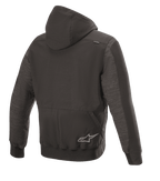 Alpinestars Rhod Windstopper Hoodie, urbane Motorradjacke, Schwarz Melange, Rückansicht mit abnehmbarer Kapuze, gerippten Bündchen und Saum sowie einem dezenten Stern-Logo auf der Rückseite.